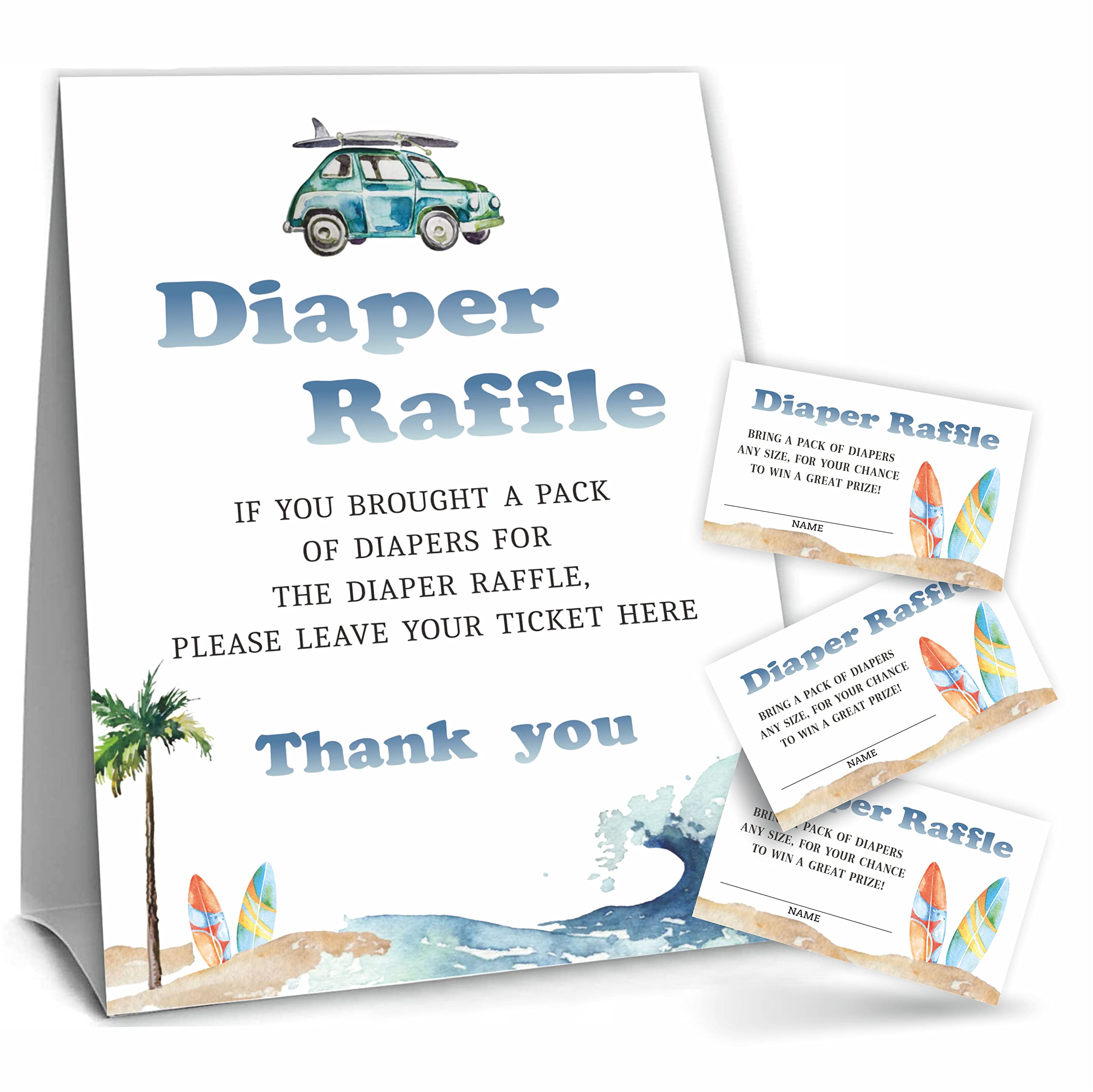 YKYENR Surf Beach Theme Baby Shower Party, Diaper Raffle Game Kit，1 Diaper Raffle Standing Sign & 50 Tickets，Baby Shower Decorations，Party Favor And