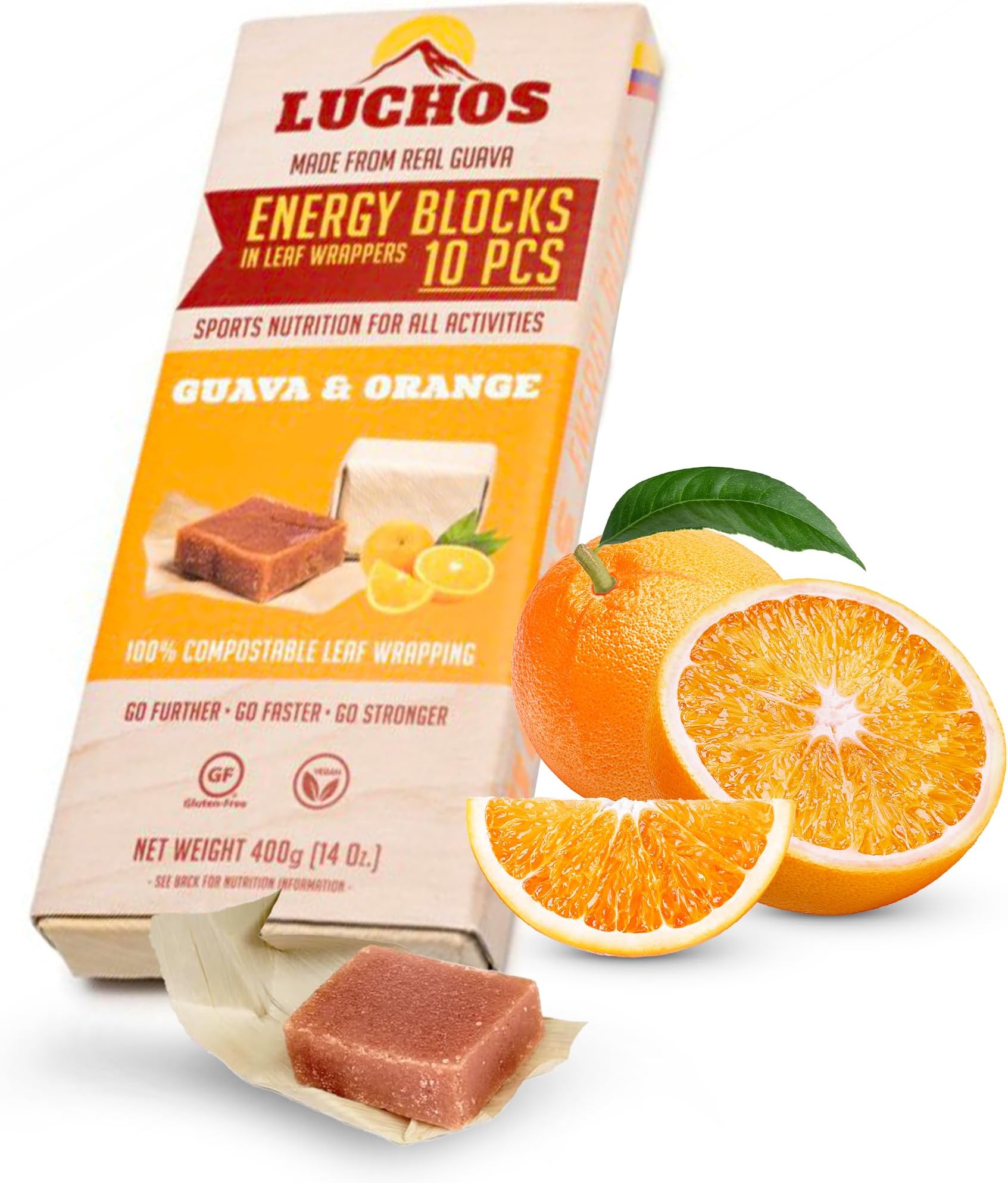 LUCHOS Energy Blocks - Guava & Orange, 400 g | Colombian On-the-Go Sports Nutrition for Running, Cycling & Hiking | A Natural Alternative to Bars & Gels | Vegan, Gluten Free & Easy to Digest