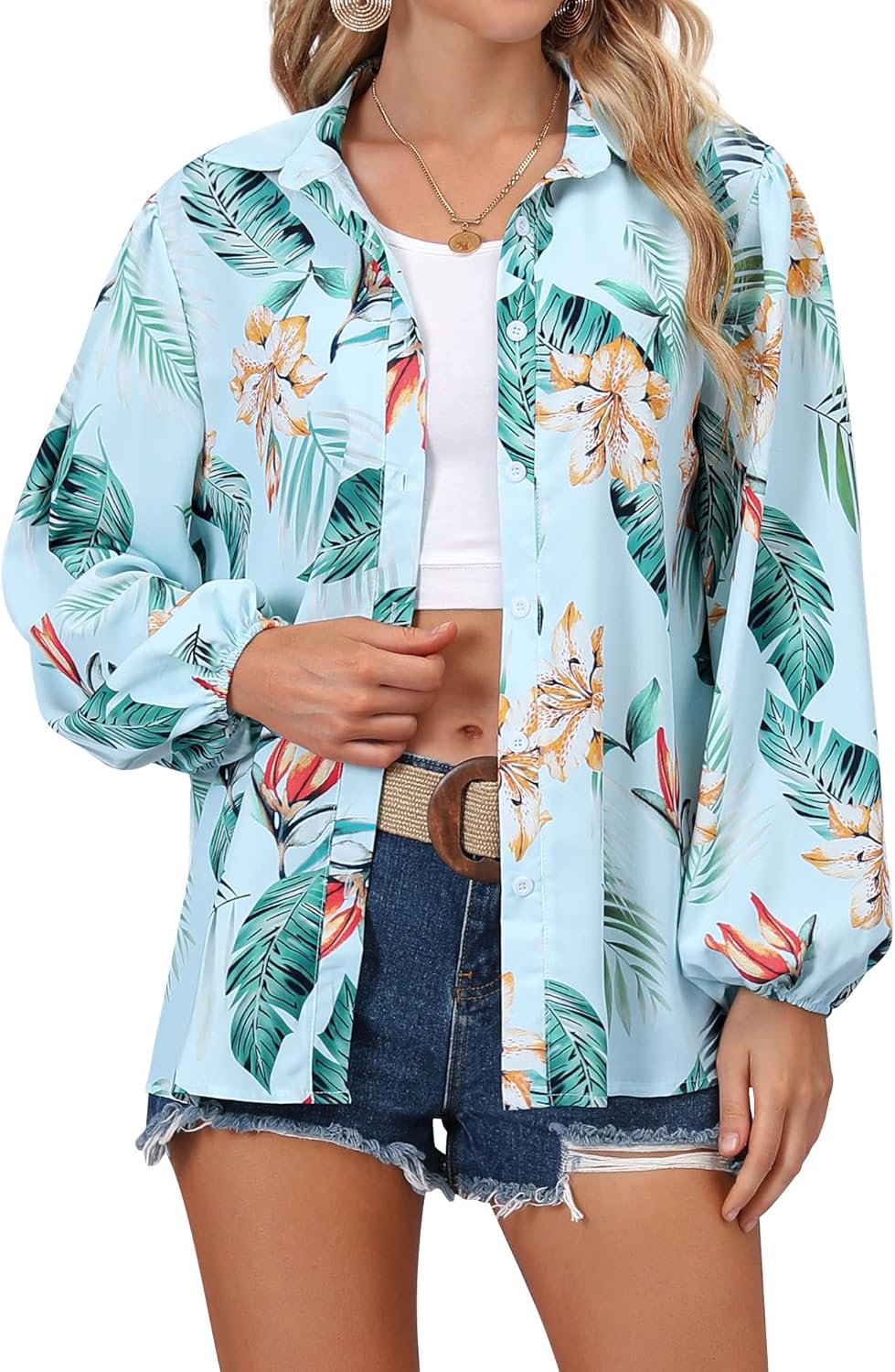 ZXZY Women's Hawaiian Shirts Long Sleeve Tropical Tops Button Down Dressy Casual Blouses - Image 2