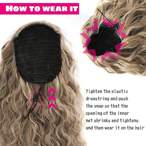 Miniatura 3 de Jolelyne Extensión de cola de caballo rizada y ondulada con cordón para mujer, cabello sintético largo y ondulado, para mujeres negras, rubio ceniza