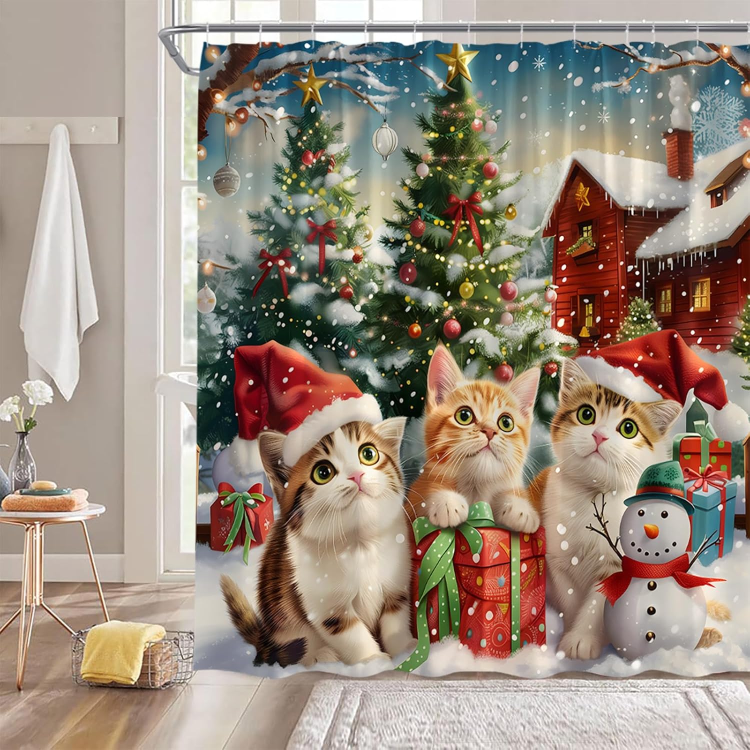 Christmas Cat Shower Curtain Cute Xmas Cat Kitten Colorful Pine Tree Farmhouse Barn Snowflake Funny Winter Holiday 70" WX96 H Bathroom Decor Fabric Curtain with Hooks