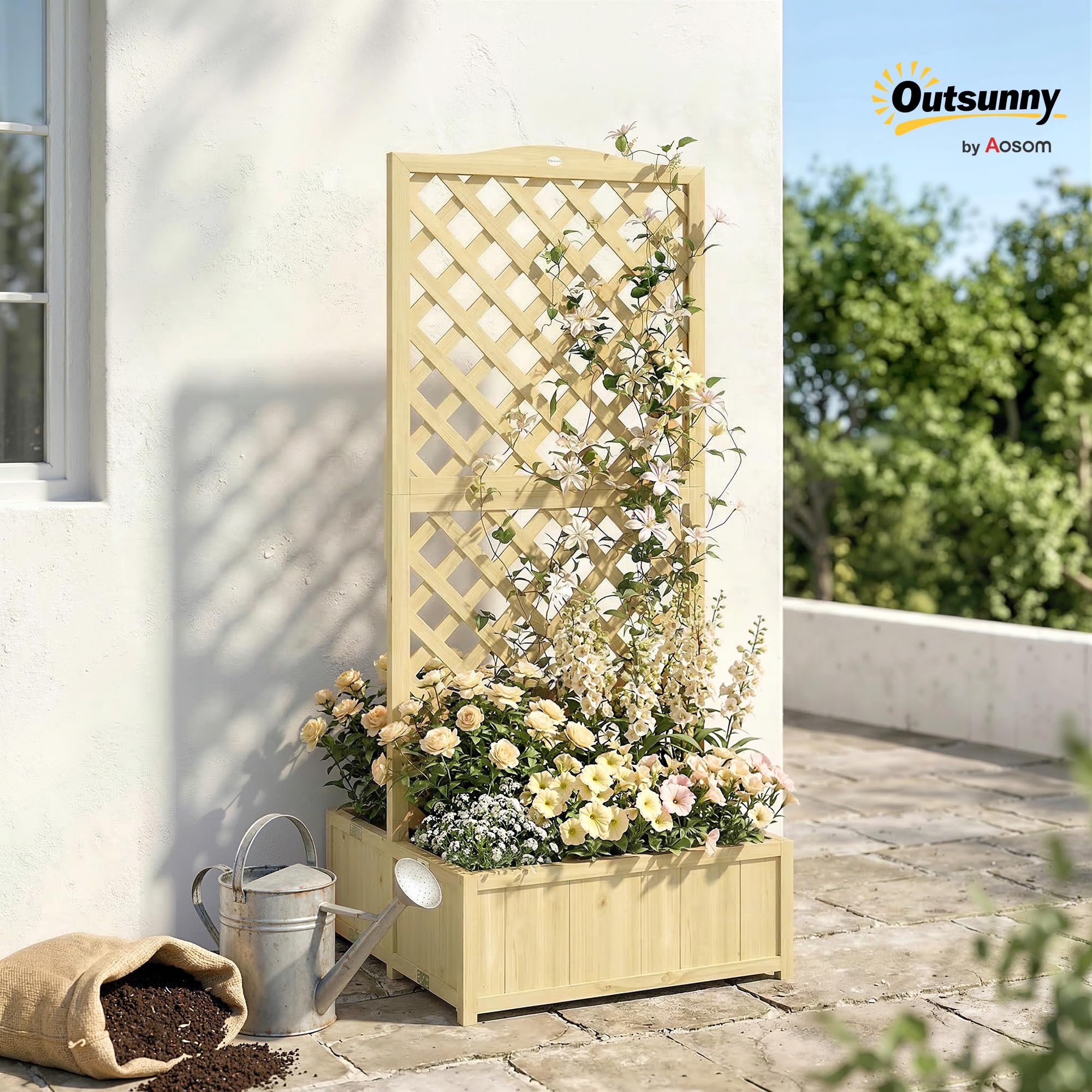 Outsunny Jardinière avec Treillis en Bois Massif - Carré Potager Pliable avec Double Bac à Fleurs - Lit de Jardin 170cm de Haut pour Plantes Grimpantes sur Balcon, Terrasse Brise-Vue, Naturel