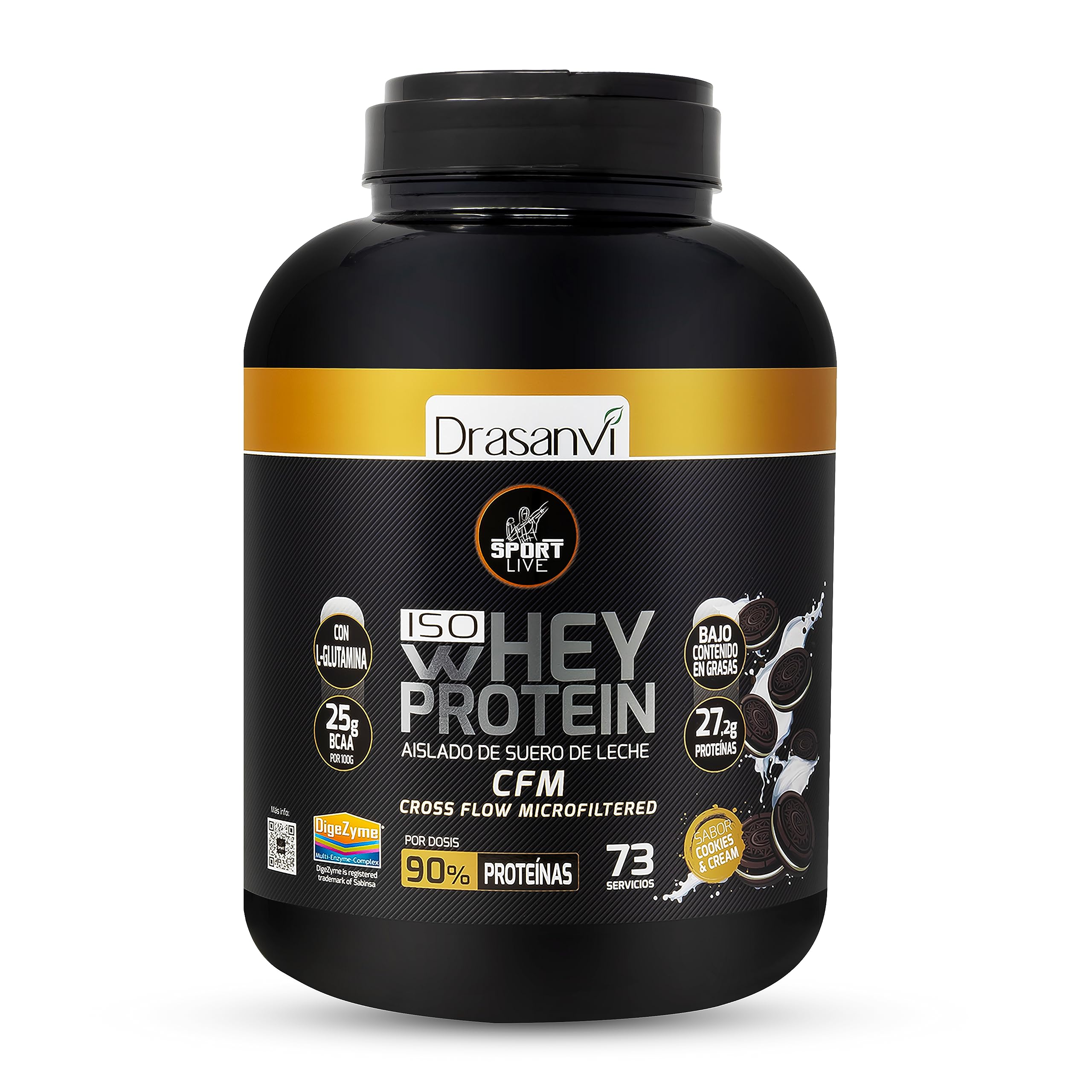 SPORT LIVE Whey protein isolate | Aislado de proteína en polvo | Proteinas whey isolada de suero de leche | Proteinas que ayudan a aumentar tu masa muscular |Cookies & Cream | 2,2KG |Drasanvi | Aislado de Proteina de Rapida Absorcion con Bajo Contenido en