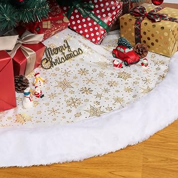 AerWo Christmas Tree Skirt 36 Inch - White Tree Skirt Faux Fur Xmas Trees Skirts with Gold Sequin Snowflakes, Christmas Trees Decorations Ornaments for Party Holiday Home Decor Indoor Outdoor