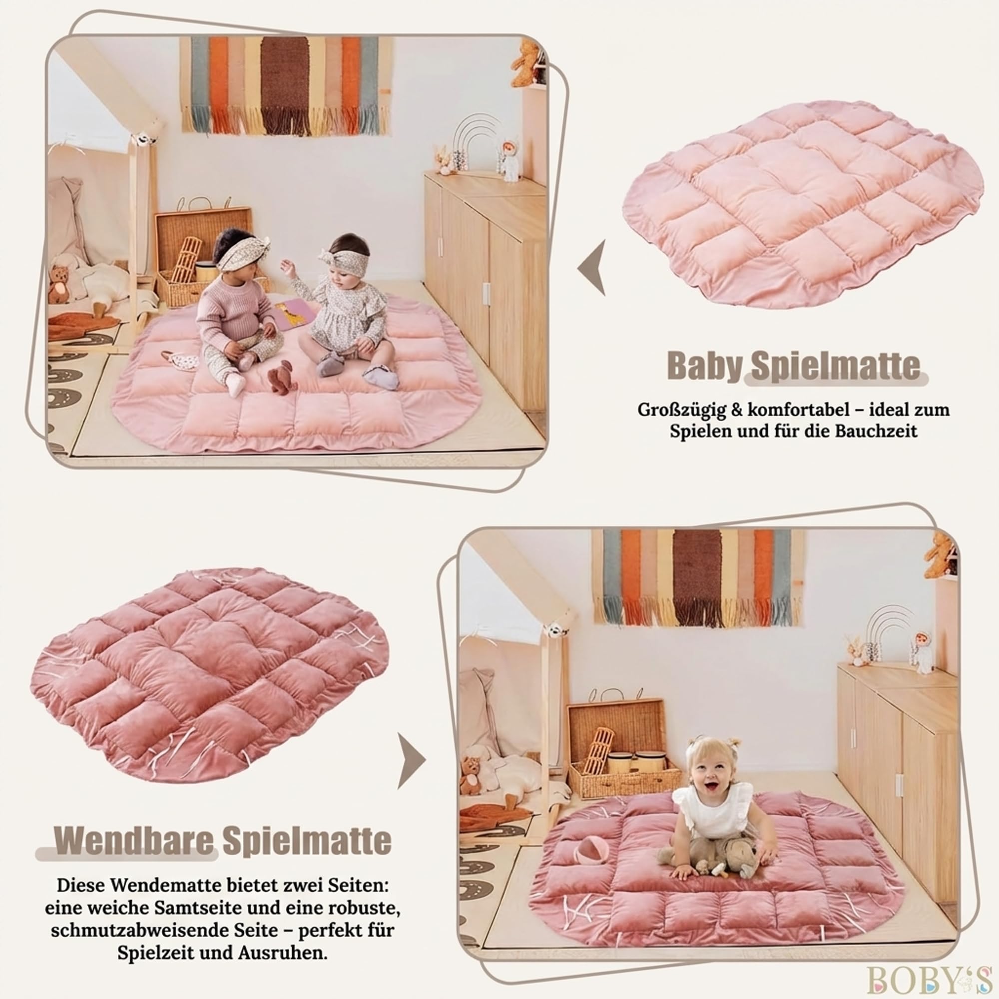 BOBY´S Baby Spielbogen mit Babynest & Krabbeldecke – Baby Gym mit Spielzeug – Spielmatte, Laufstall & Bällebad – weich gepolstert für Neugeborene (Rosa)