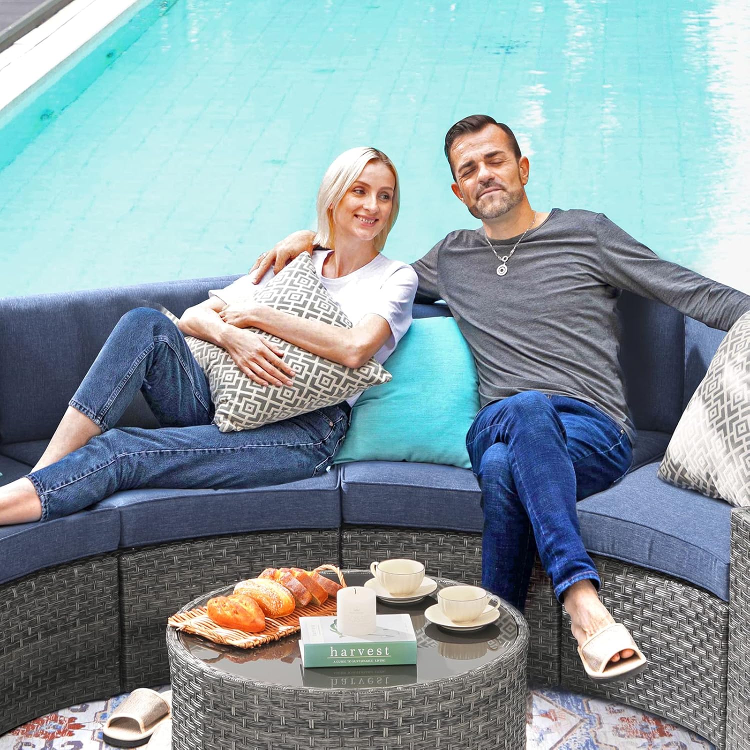 SUNSITT Outdoor Patio Furniture 11-Piece Half-Moon Sectional Round Set Curved Sofa with Tempered Glass Coffee Table, 4 Pillows, Grey Rattan