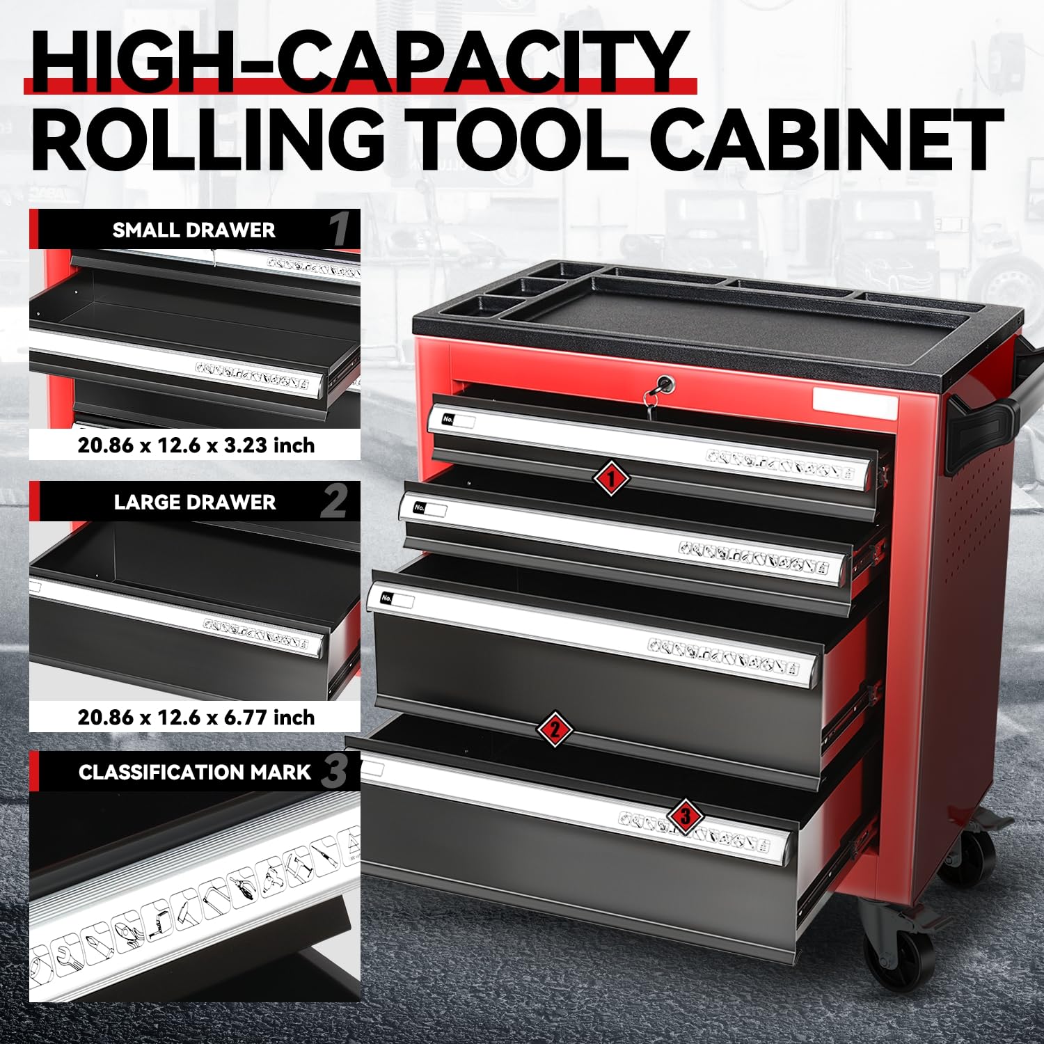 Auto Dynasty Universal Max 440 Lbs Red 4 Drawer Plastic Top Tray Powder-Coated Steel Roller Cabinet for Garage Warehouse Home Office Workshop Repair Tools