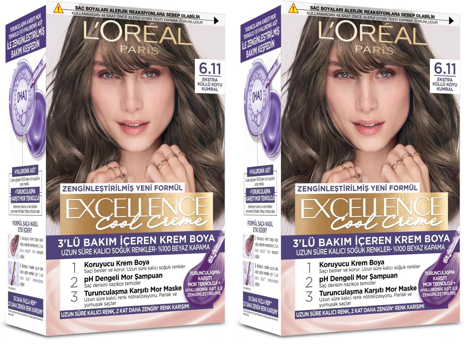 L'Oreal Paris Excellence Cool Creme 6.11 Ekstra Küllü Koyu Kumral Saç Boyası (2 paketi)