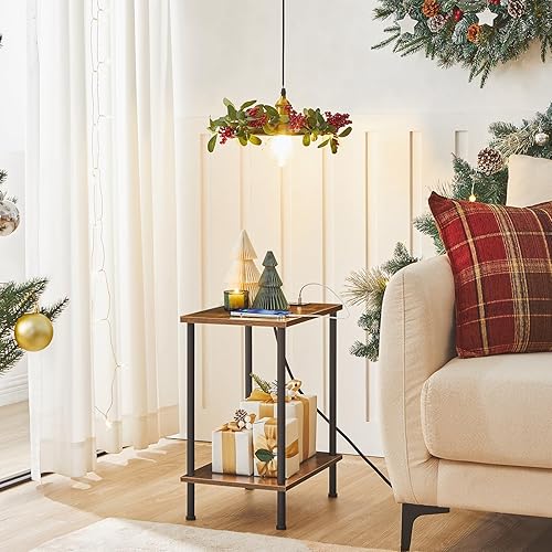 Miniatura 2 de HOOBRO Mesa auxiliar con estación de carga, mesa auxiliar con puerto USB y tomacorriente, mesita de noche con estantes de almacenamiento de 2 capas