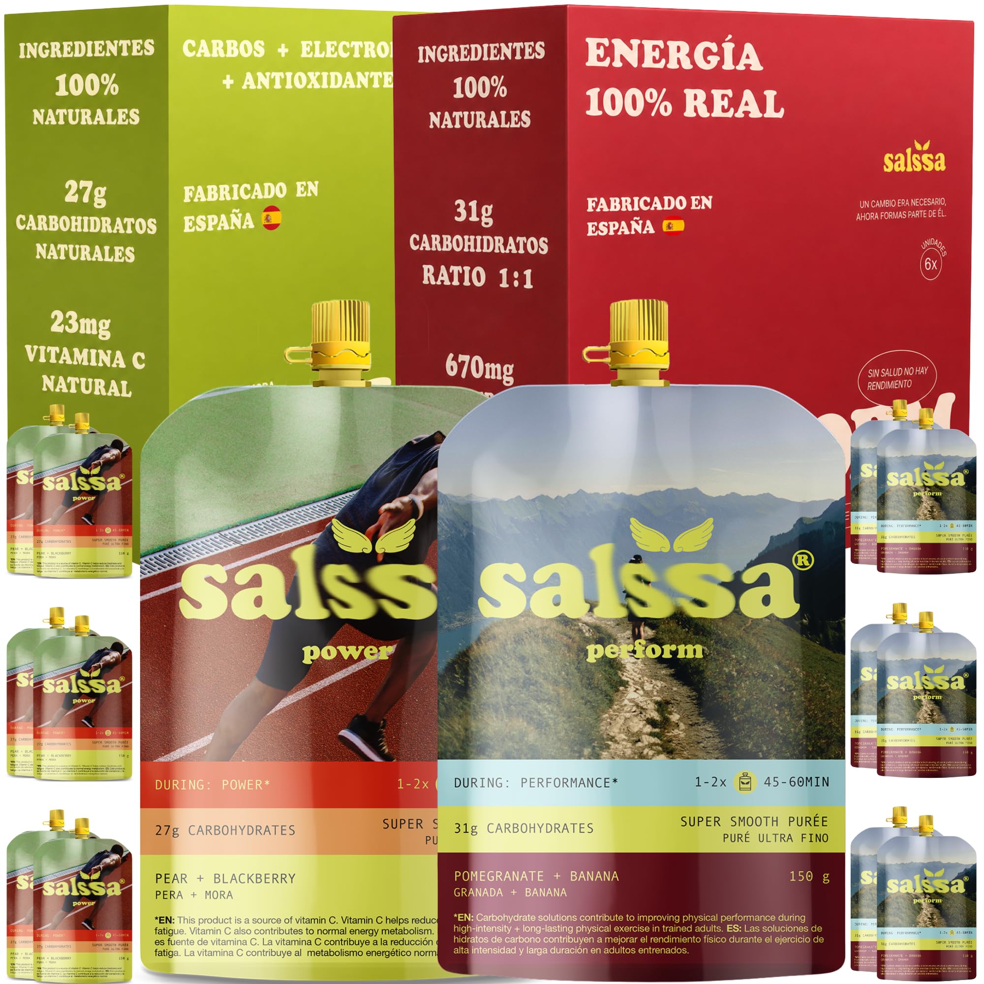 Endurance Starter Kit 12 Pouches Energéticos con Ingredientes 100% Naturales | 6 Perform + 6 Power | 348 g de Carbohidratos y Electrolitos | Running, Trail, Ciclismo y Triatlón | Vegano