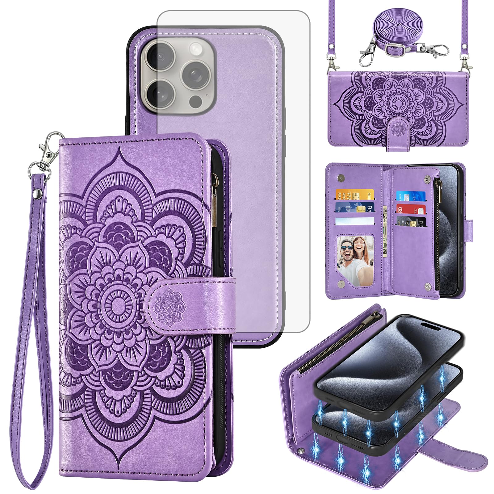 Asuwish Phone Case for iPhone 15 Pro 6.1 inch Zipper Wallet Magnetic Detachable Cell Cover with Tempered Glass Screen Protector Crossbody Strap Flower