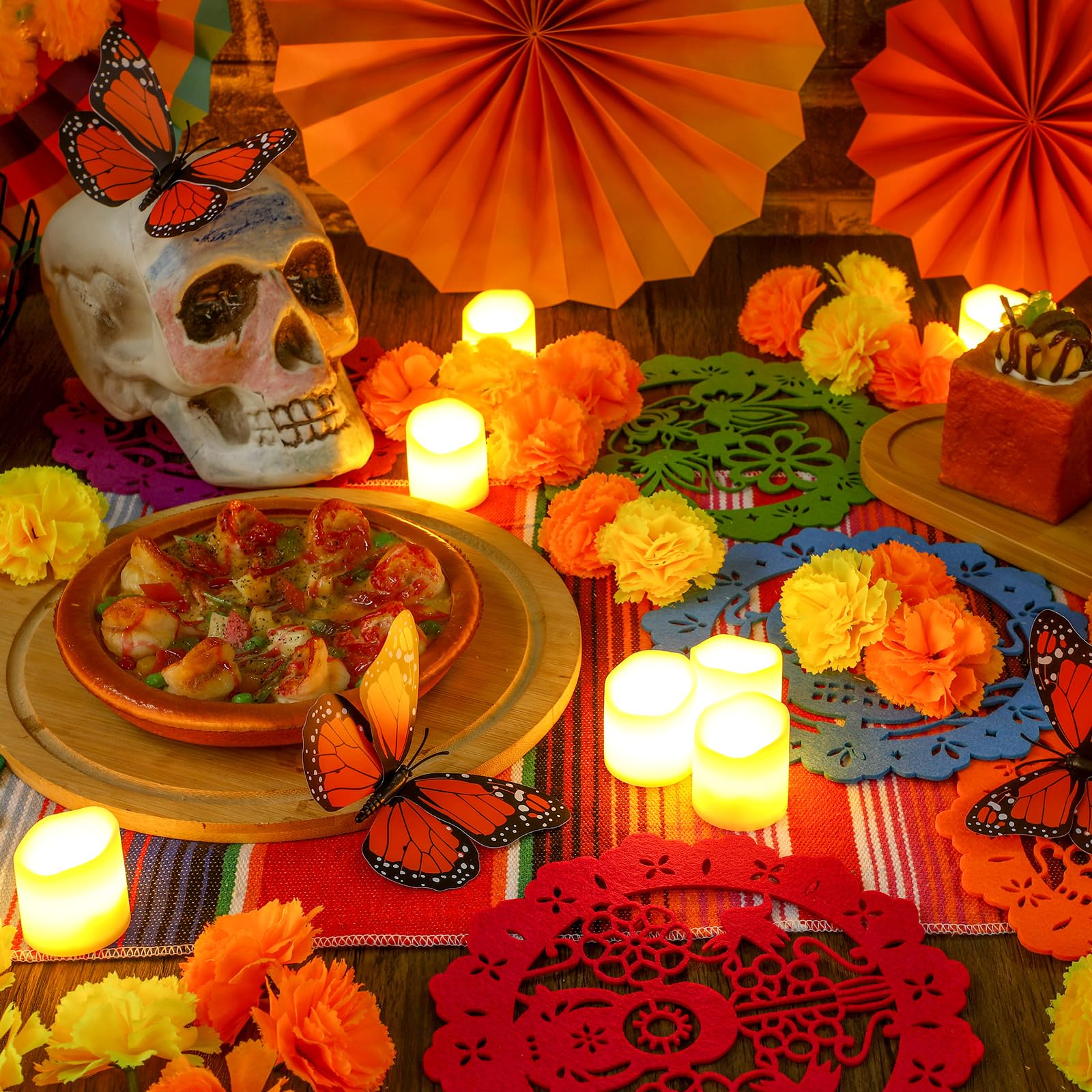 Tigeen 92 Pcs Day of The Dead Decorations Set 2 Pcs Artificial Marigold Garland, Mexican Party Banners Serape Table Runners Monarch Butterfly Fiesta Paper Fans Flameless Candles Felt Coasters