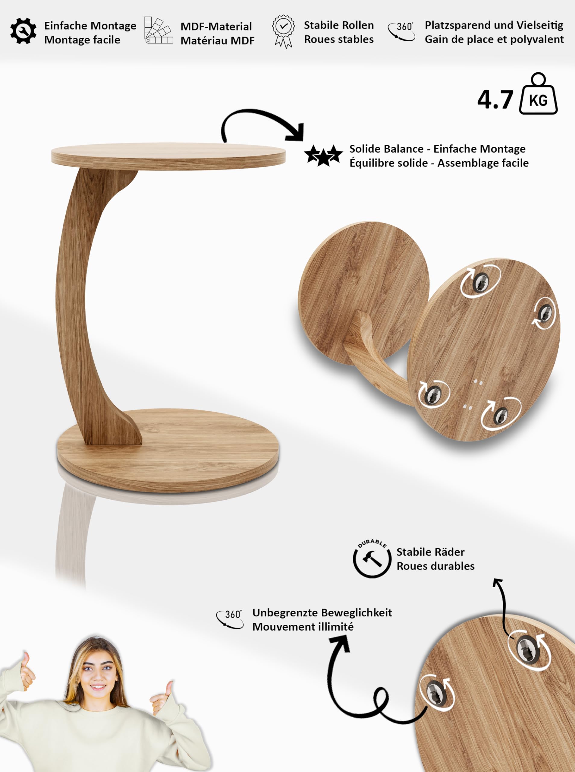 Mesa auxiliar pequeña en forma de C, mesa redonda para sofá y sofá con ruedas, mesa de almacenamiento, mesa redonda (forma C, blanco)
