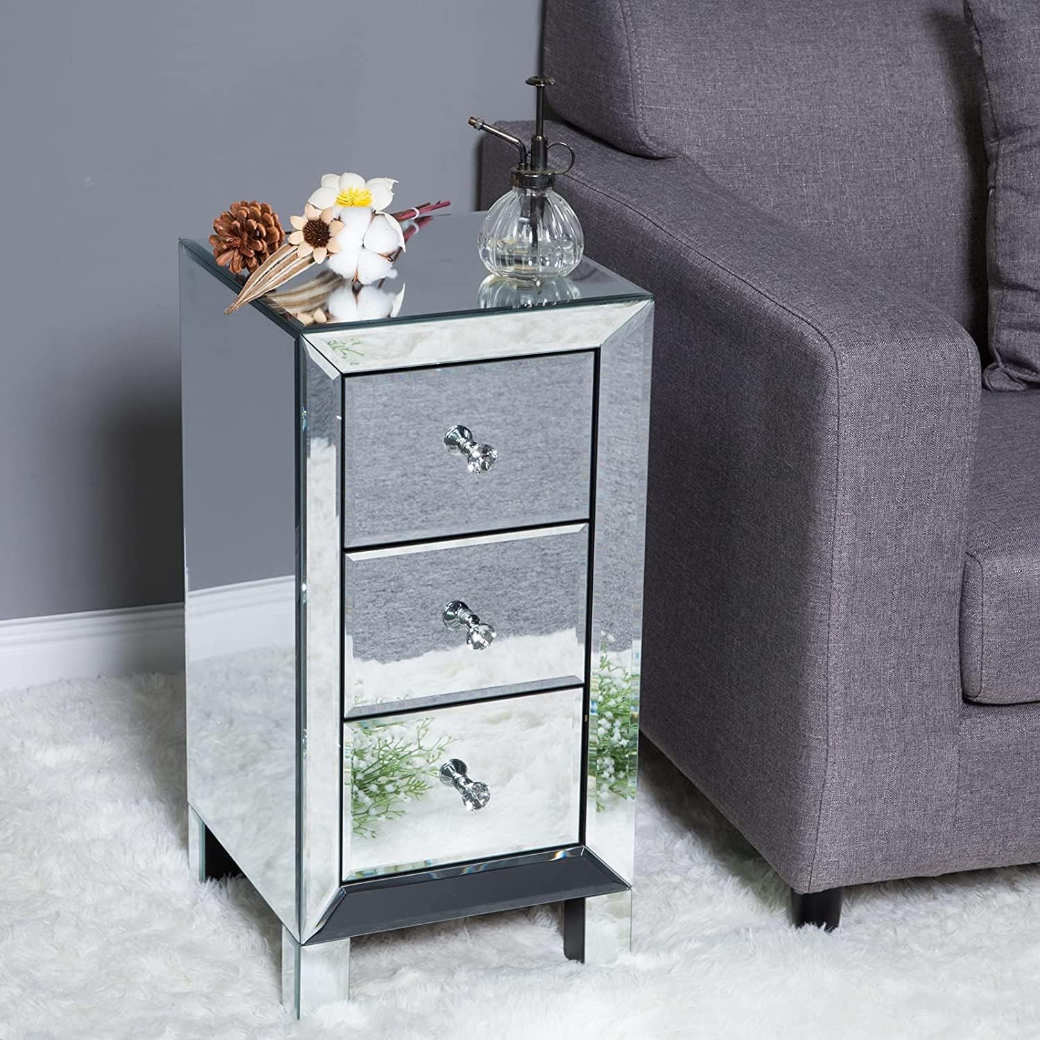 VINGLI Mirrored Nightstand with 3-Drawers Silver Side End Table Set of 2 Mirrored Furniture for Small Space, Bedroom, Living Room