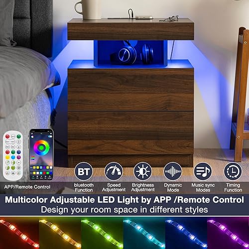 Miniatura 21 de HOMMPA Mesita de noche LED con estación de carga inalámbrica y puertos USB, soporte de noche de 3 cajones con luz LED RGB de brillo ajustable,