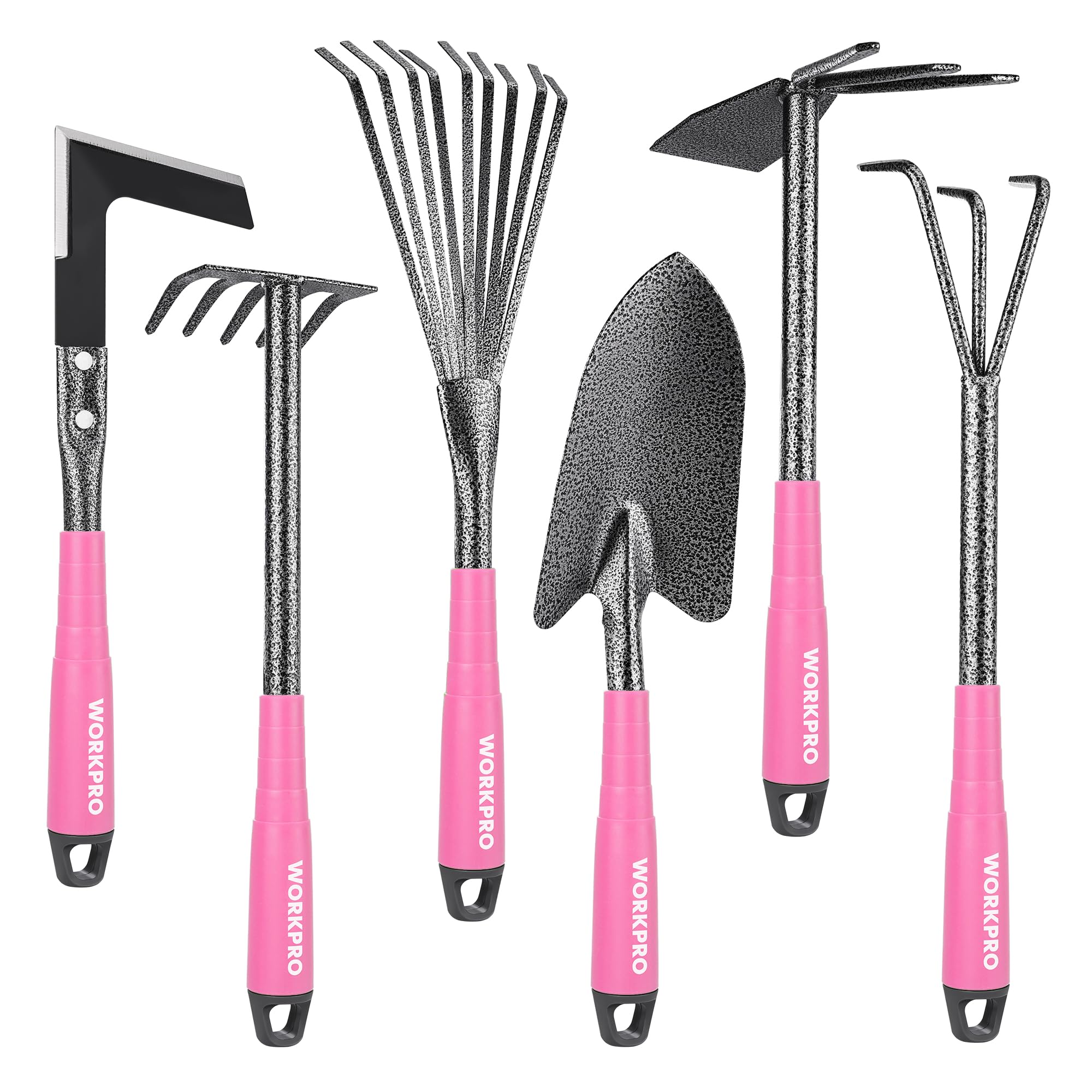 WORKPRO 6-Piece Pink Garden Tool Set, Heavy Duty Gardening Hand Tools with Soft Rubber Handle, Including Trowel, Rakes, 2-in-1 Hoe and Crack Weeder, Ideal Gardening Gifts for Men and Women