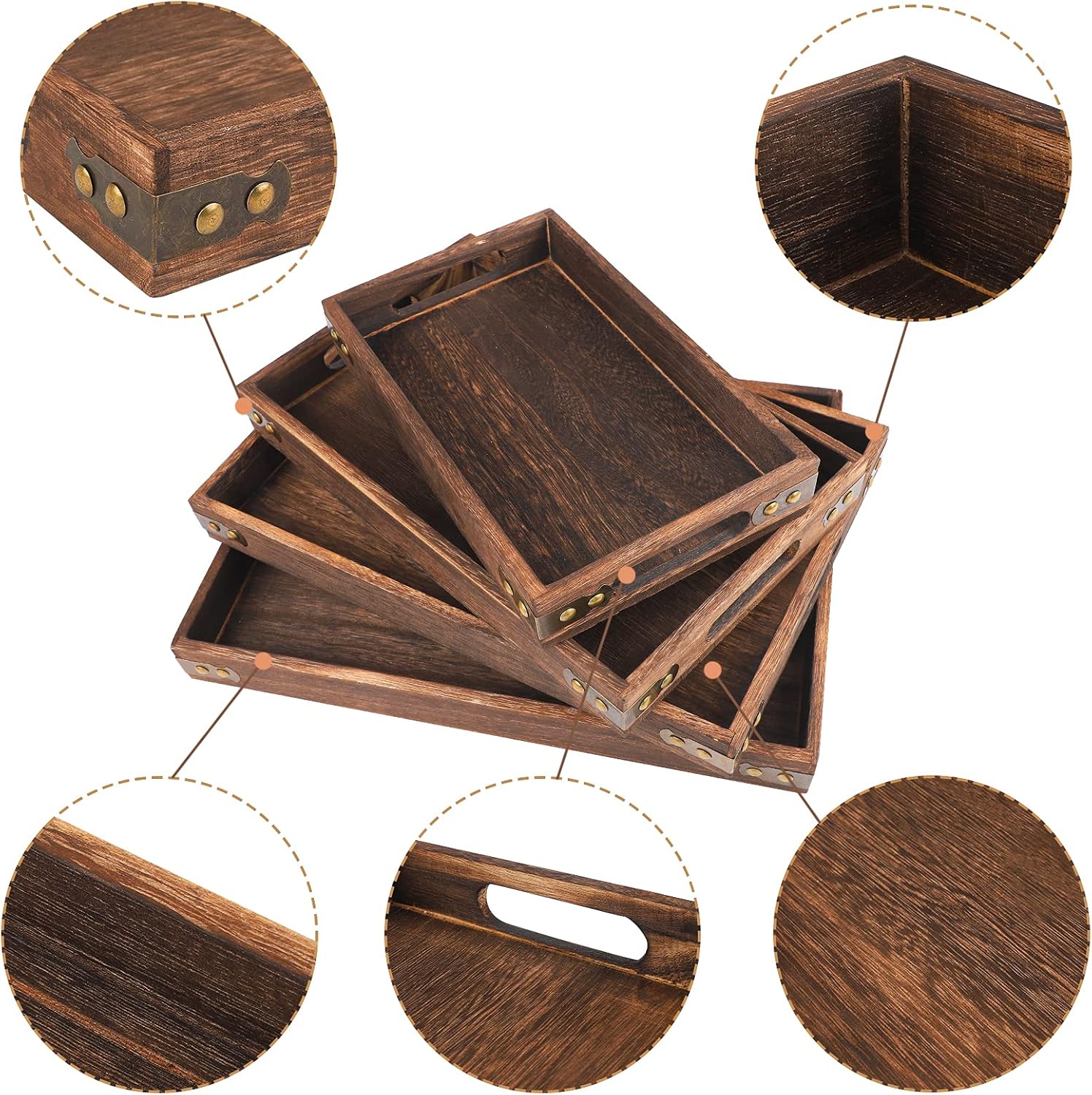  | Aodaer 4 Pieces Serving Trays with Handle Nested Serving Trays Rectangular Shape Paulownia Trays for Food, Kitchen, Party, Home Decoration (Dark Brown, Paulownia): Serving Trays