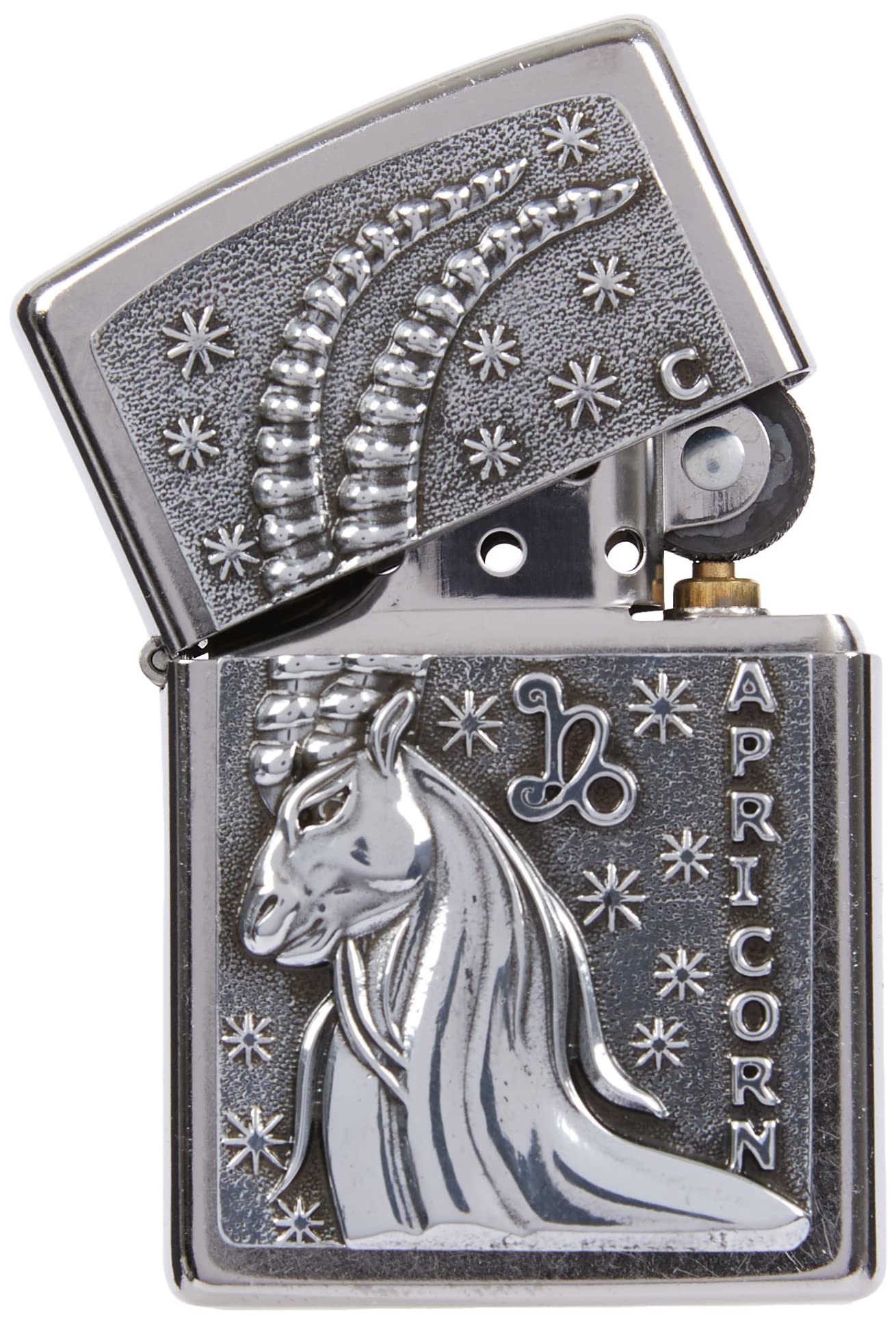 Zippo Briquet tempête – Motif Signe du Zodiaque Capricorne Street Chrome, emblème – Rechargeable – Réutilisable – Design Coupe-Vent – Boîte Cadeau – Fabriqué aux États-Unis