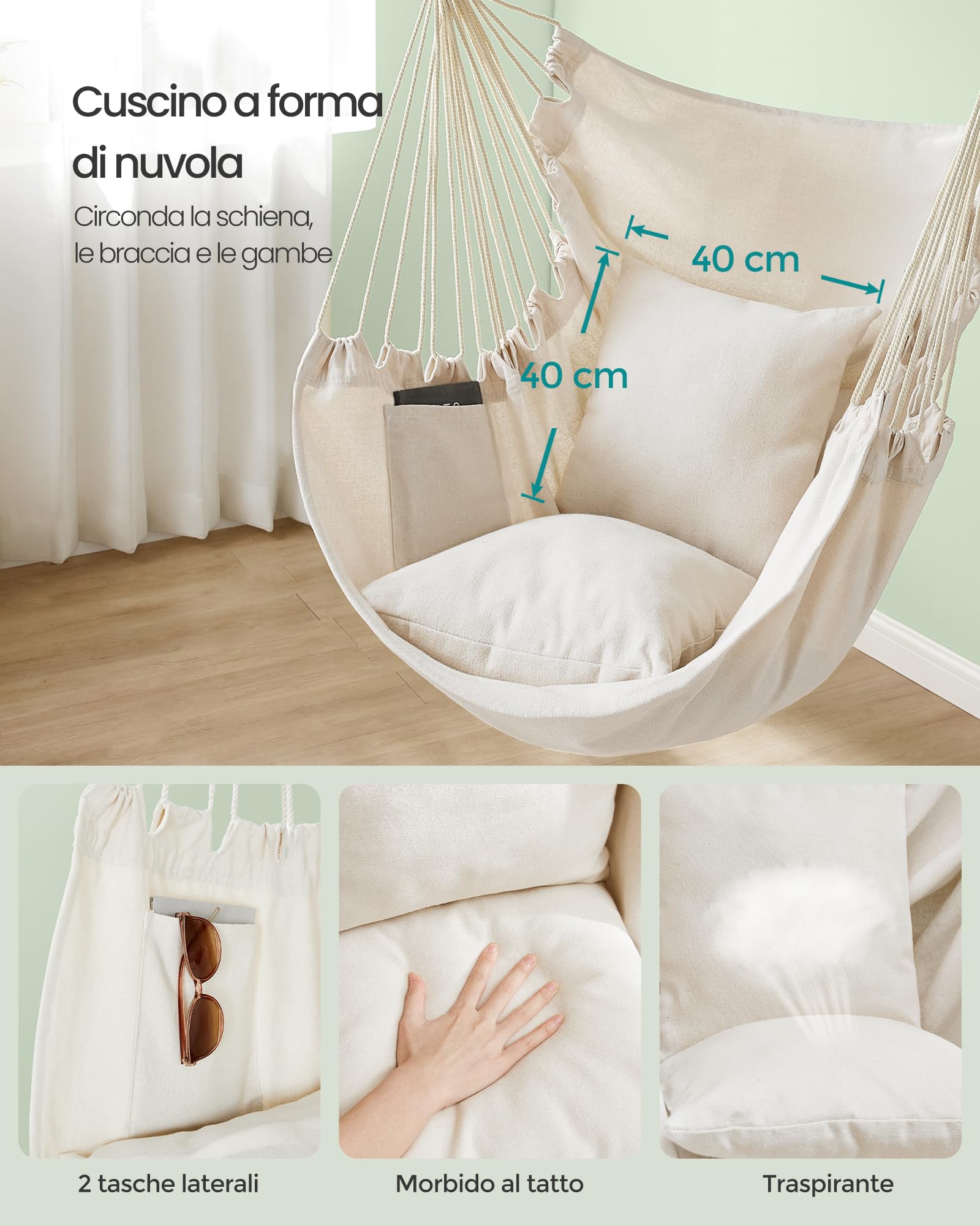SONGMICS Sedia Amaca, Grande Sedia Sospesa con 2 Cuscini, Sedia a Dondolo con Catena, Capacità 150 kg, per Interni, Esterni, Soggiorno, Camera da Letto, Bianco Crema GDC197M01