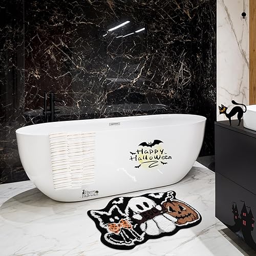 Miniatura 6 de Tapete de baño de gato negro, fantasma, calabaza, 21 x 32 pulgadas, suave y absorbente, tapete de baño de Halloween, antideslizante, lavable,