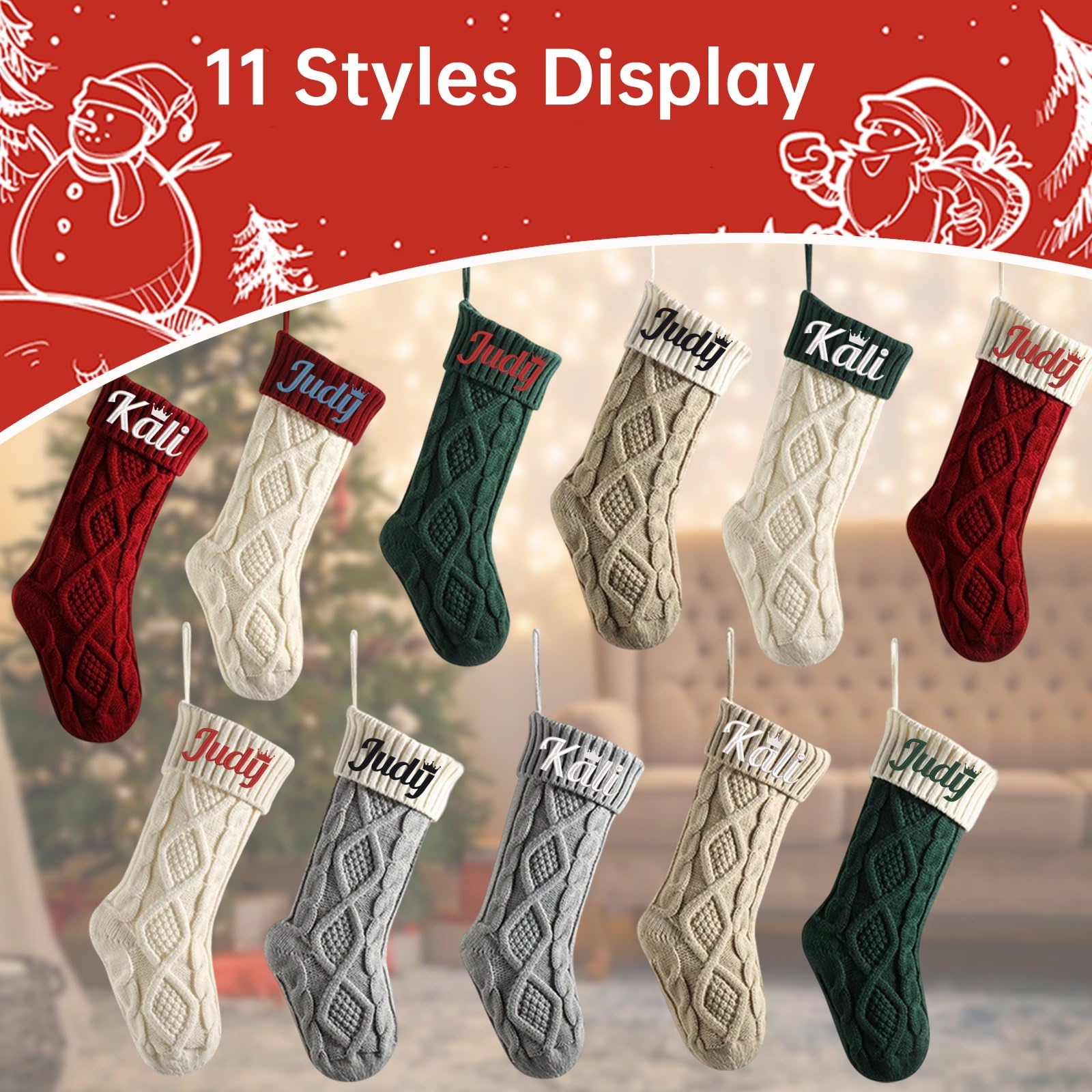 Calze con nomi ricamati personalizzati, Natale, nome personalizzato 45,7 cm, calza di Natale lavorata a maglia grande per decorazioni da appendere al caminetto