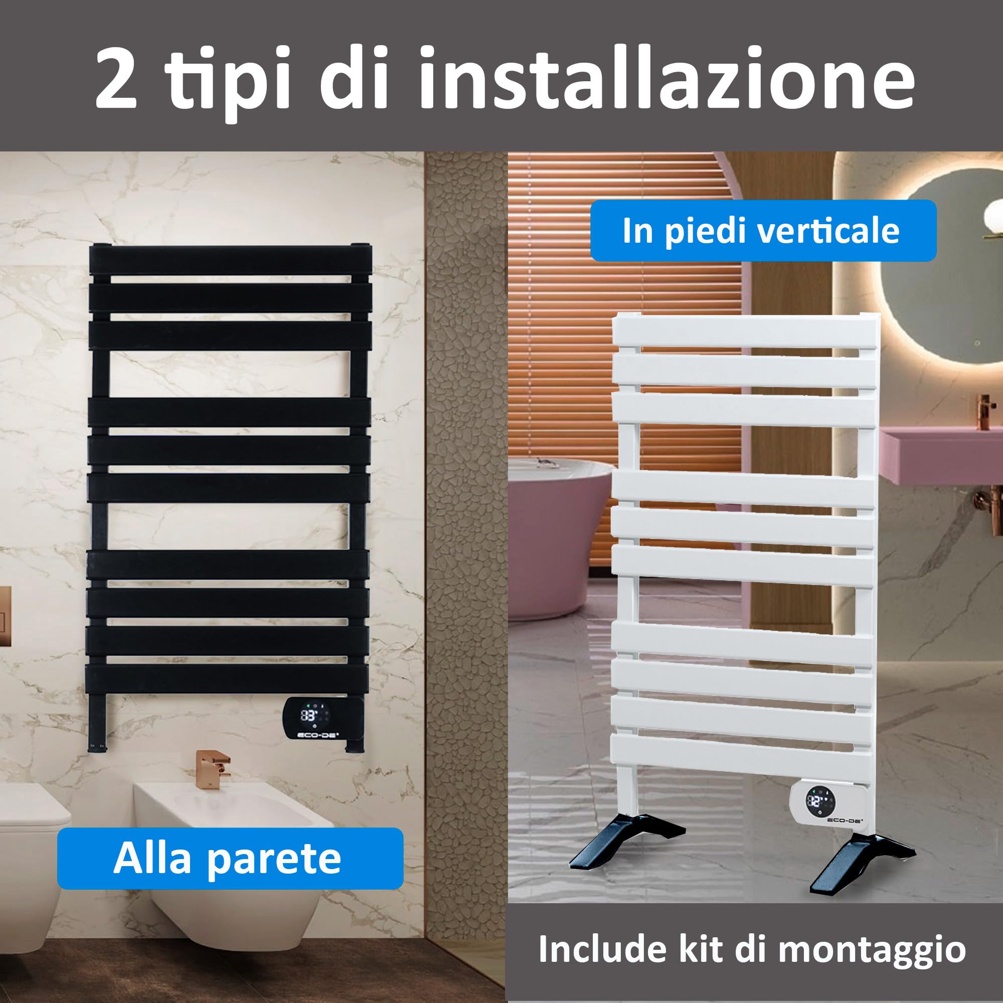 ECO-DE Ecode - Portasciugamani elettrico con gambe, programmazione 24/7, radiatore a secco, 500 W IP24, ""Towel Heat"", WiFi, controllo app tuia, schermo a LED. 105 x 56 x 2 cm. ECO-701N (nero)