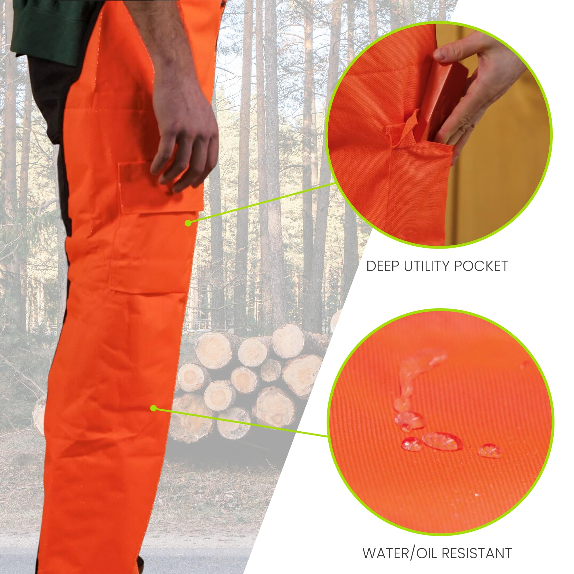 MGP SUPPLY Chaparreras para motosierra para hombre, estilo delantal con bolsillo y cinturón ajustable, equipo de seguridad