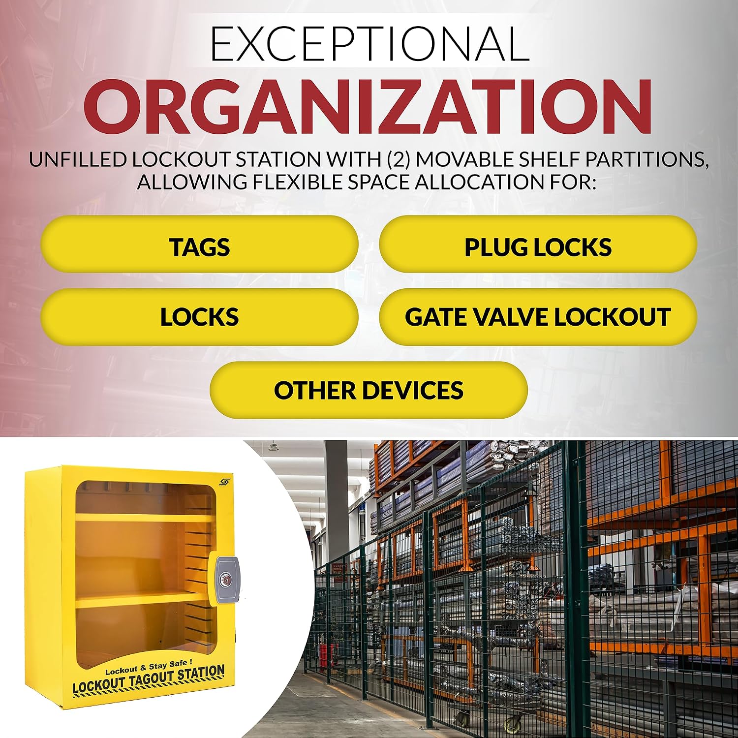 Lockout Tagout Kit Cabinet - Wall Mount Loto Station for Lock Out Tag Out Safety Locks, OSHA Compliant Steel Lockout Box with 2 Adjustable Shelves, Industrial Yellow Safety Cabinet Unfilled