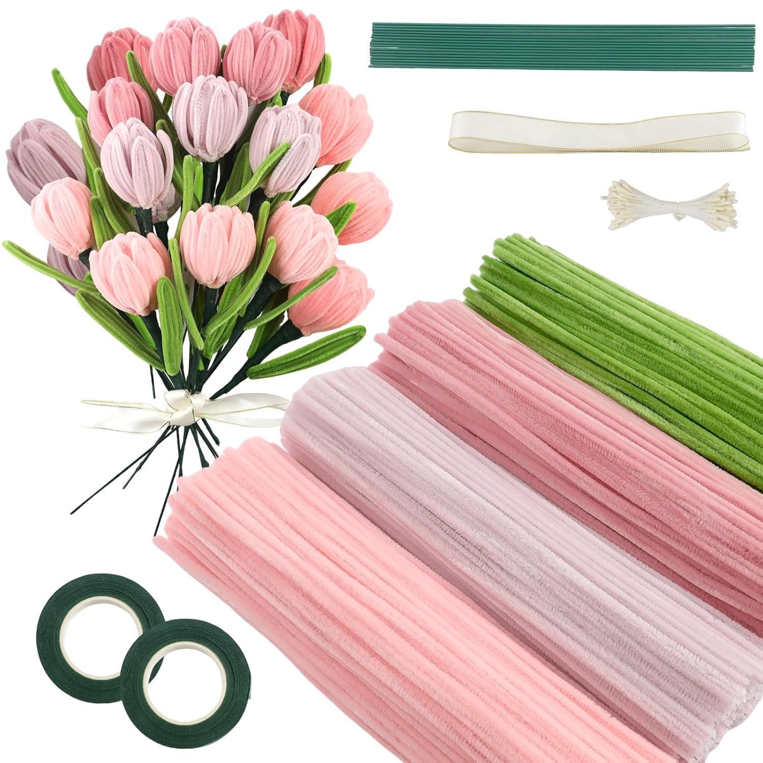 400pcs Colorful Pipe Cleaner Pink Tulip Brushes Colorful Brushes for DIY Tulip Flower Bouquet Craft Projects Decorative Chenille Sticks