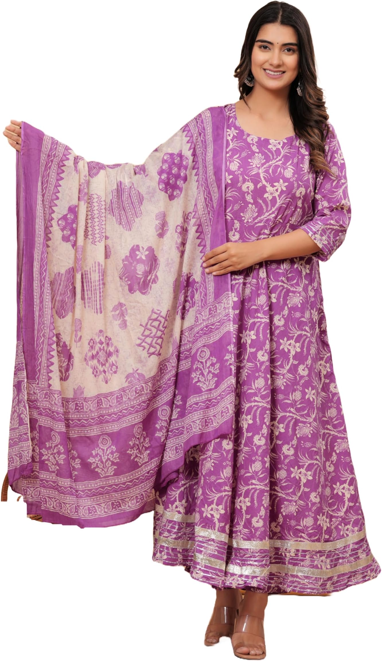 MEERA FAB Women's Cotton Printed Anarkali Kurta with Palazzo & Dupatta Set with Dori