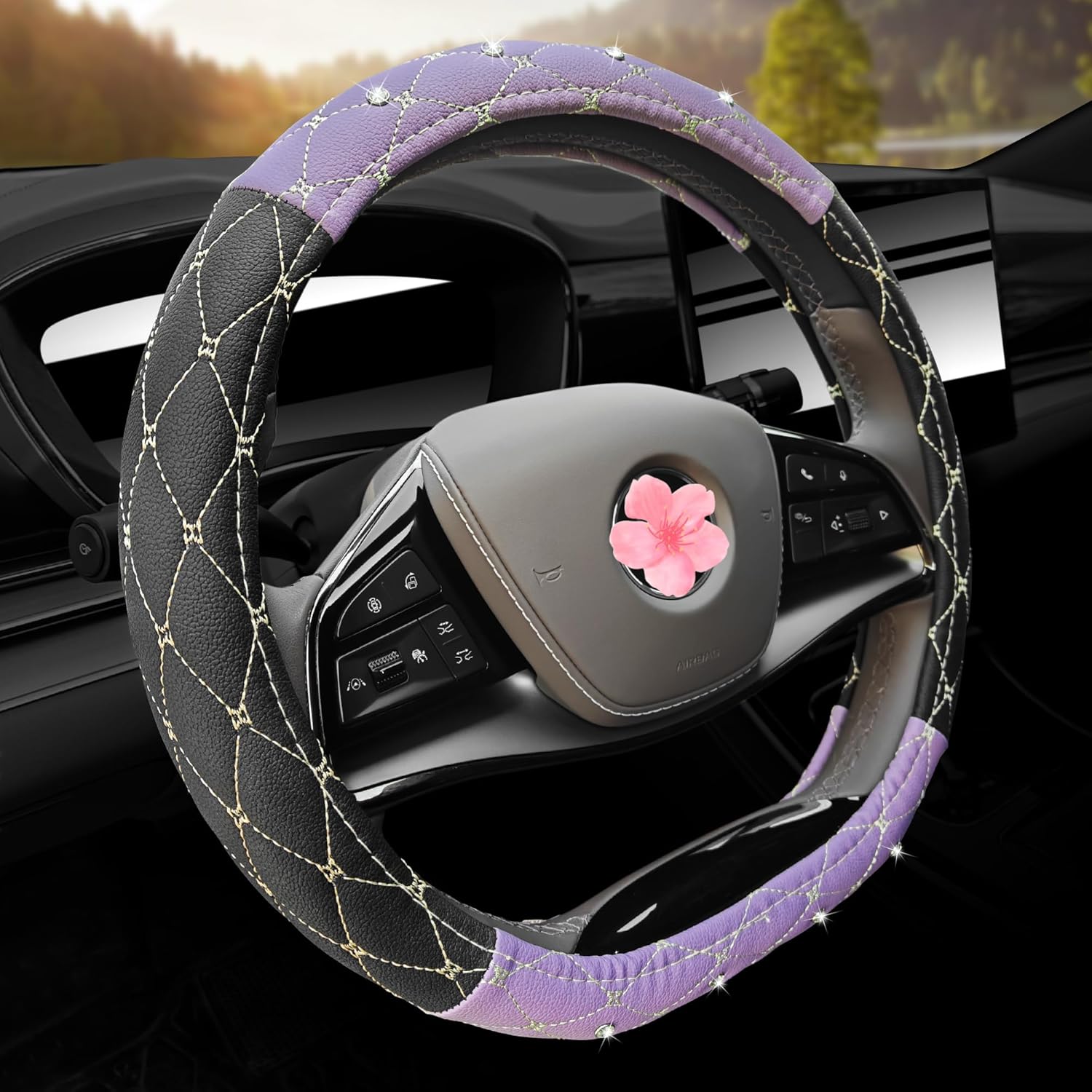 Leather Steering Wheel Cover, Breathable Anti-Slip Black White Universal Fit 14" 1/2-15" Car Wheel Protector for Women Girl Fit Suvs,Vans,Sedans,Car,Trucks (D Shaped Light Purple)