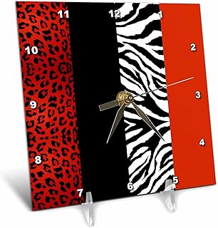 3dRose dc_35438_1 Red, Black, Orange and White Animal Print-Leopard and Zebra-Desk Clock, 6 by 6-Inch