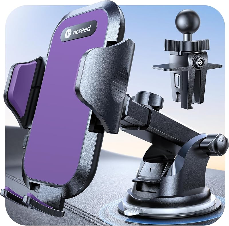 Stable Car Phone Holder [Upgraded Strongest Suction, Won't Break] | Military-Grade Cellphone Mount for Dash/Windshield/Vent/Truck/Boat,Universal for Big iPhone&Android with Thick Cases, Purple