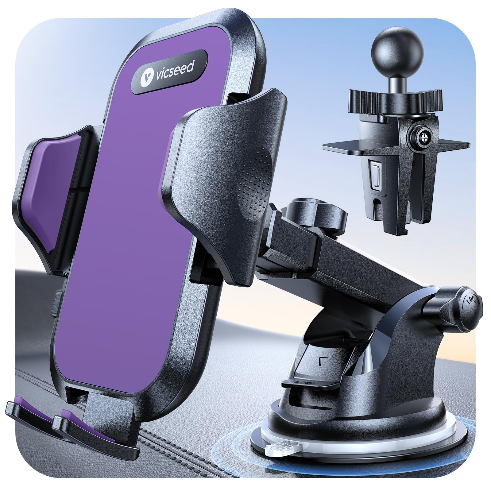 VICSEED Purple Phone Holders for Your Car [Upgraded True Military-Grade Strongest Suction] Cell Phone Mount for Car Dashboard Windshield Vent Truck Boat Stand Adjustable for iPhone Android