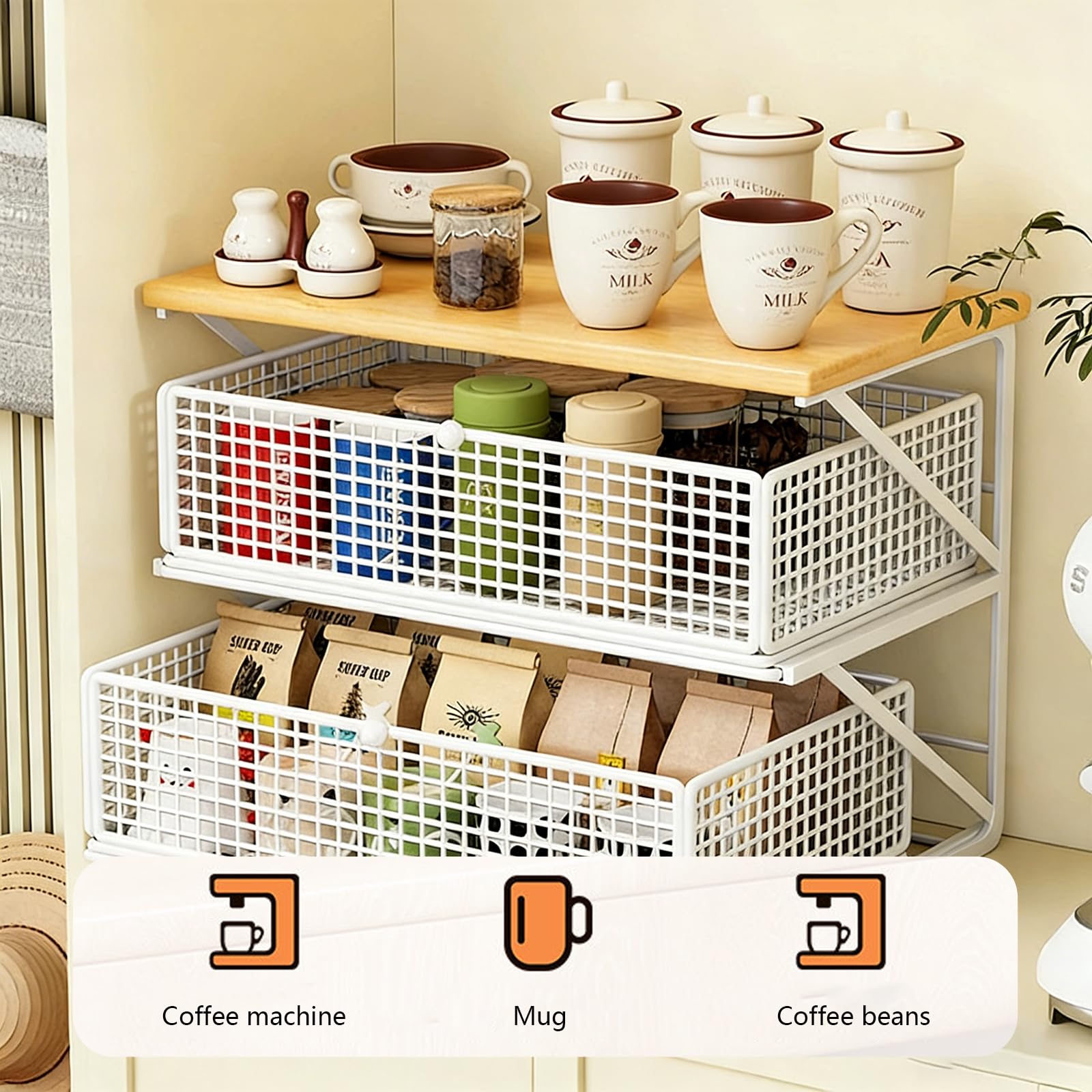 Metall Küchenorganizer Arbeitsplatte, Ausziehbare Schubladen, Multifunktionaler Tisch-Aufbewahrungsregal für Snacks, Teebeutel, Kaffeemaschine, Platzsparender Organizer (Weiß+Naturholzfarbe)