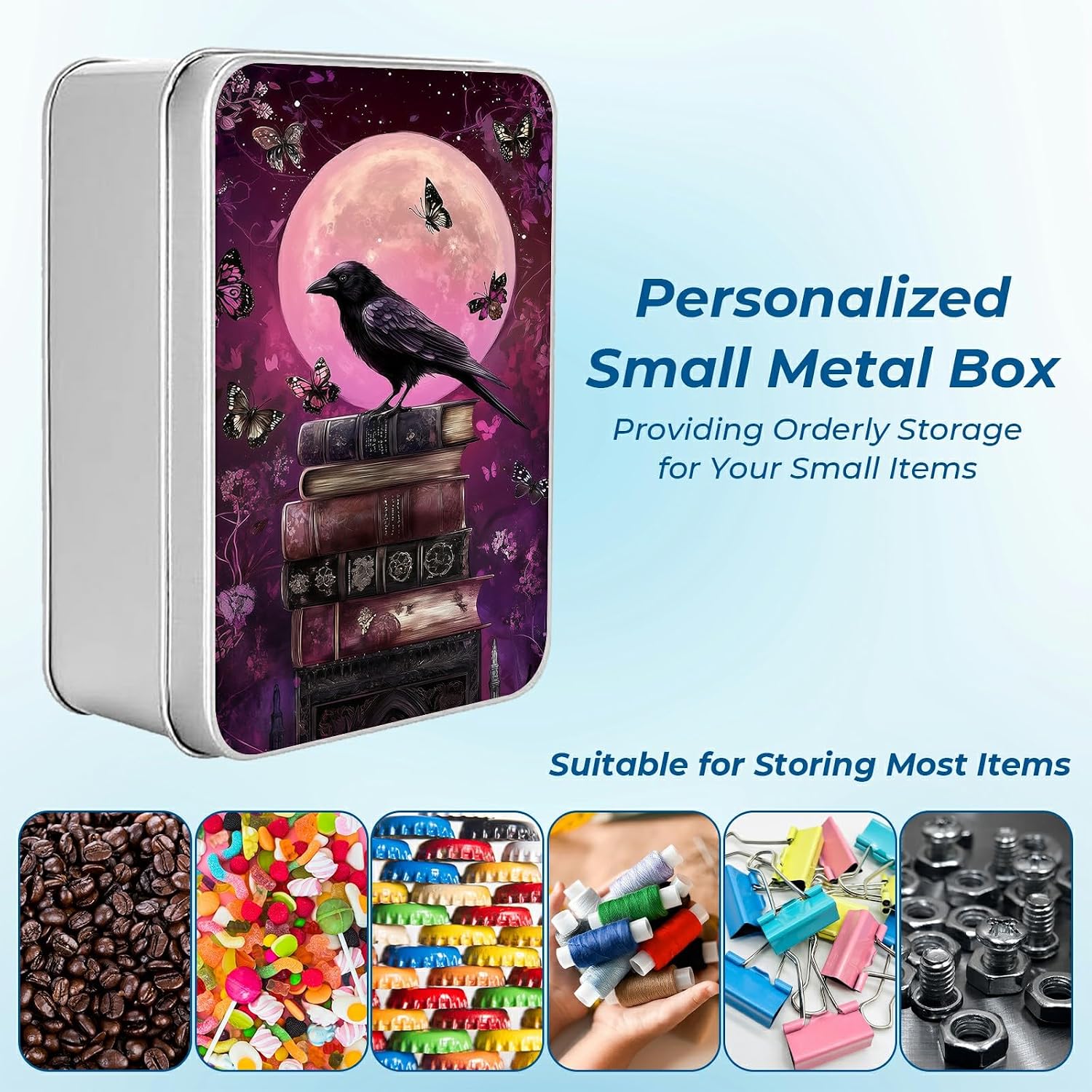 Metal Tin Box with Lid, Rectangular Silver Metal Storage Container, 7.09"×4.33"×2.17" Gift Decorative Empty Box, Moon Raven image 3