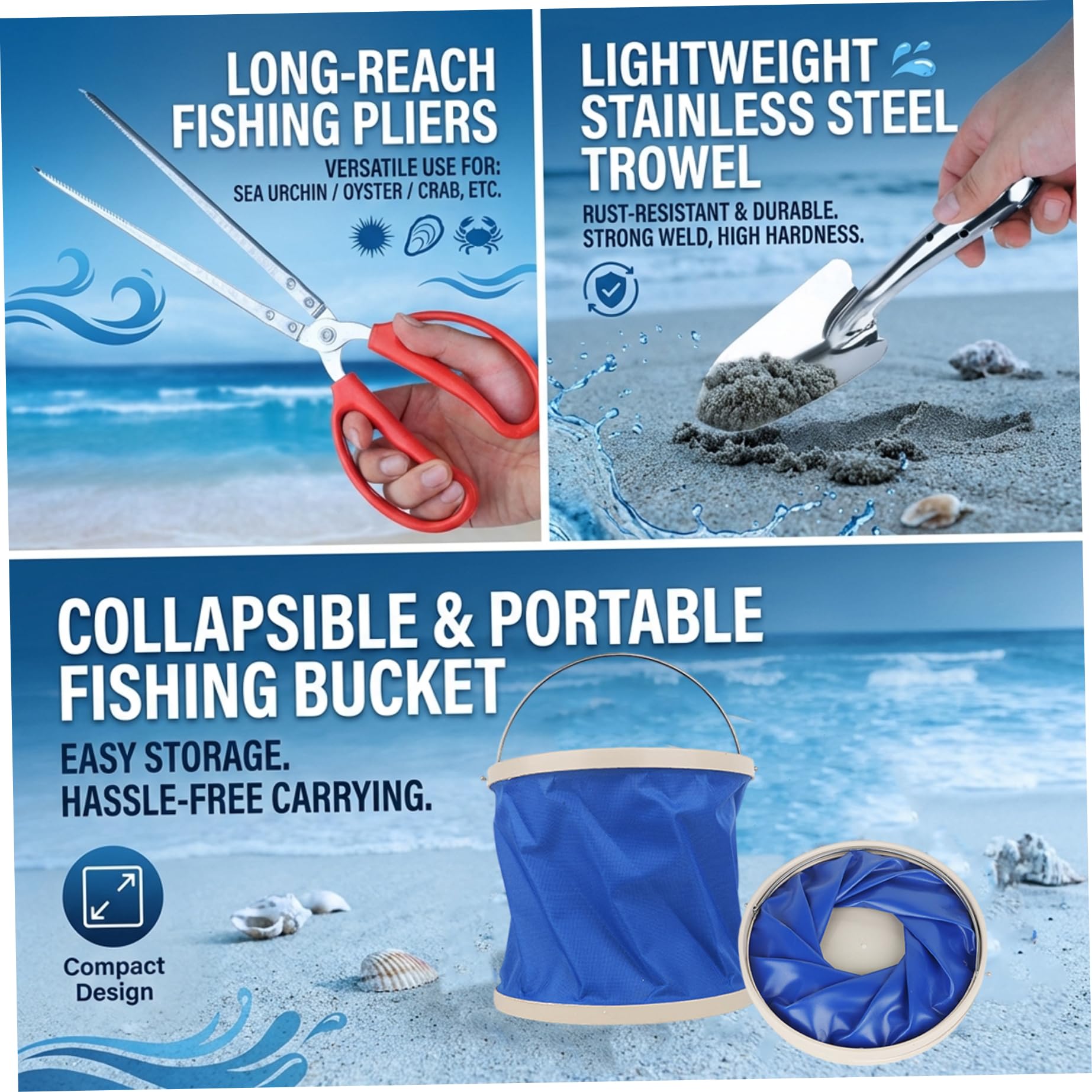 Ensemble de râteaux à palourdes Portables – 4 Outils de Plage avec Seau Pliable, râteau à Sable et Pelle en Acier Inoxydable pour Adultes et Enfants, pour décortiquer