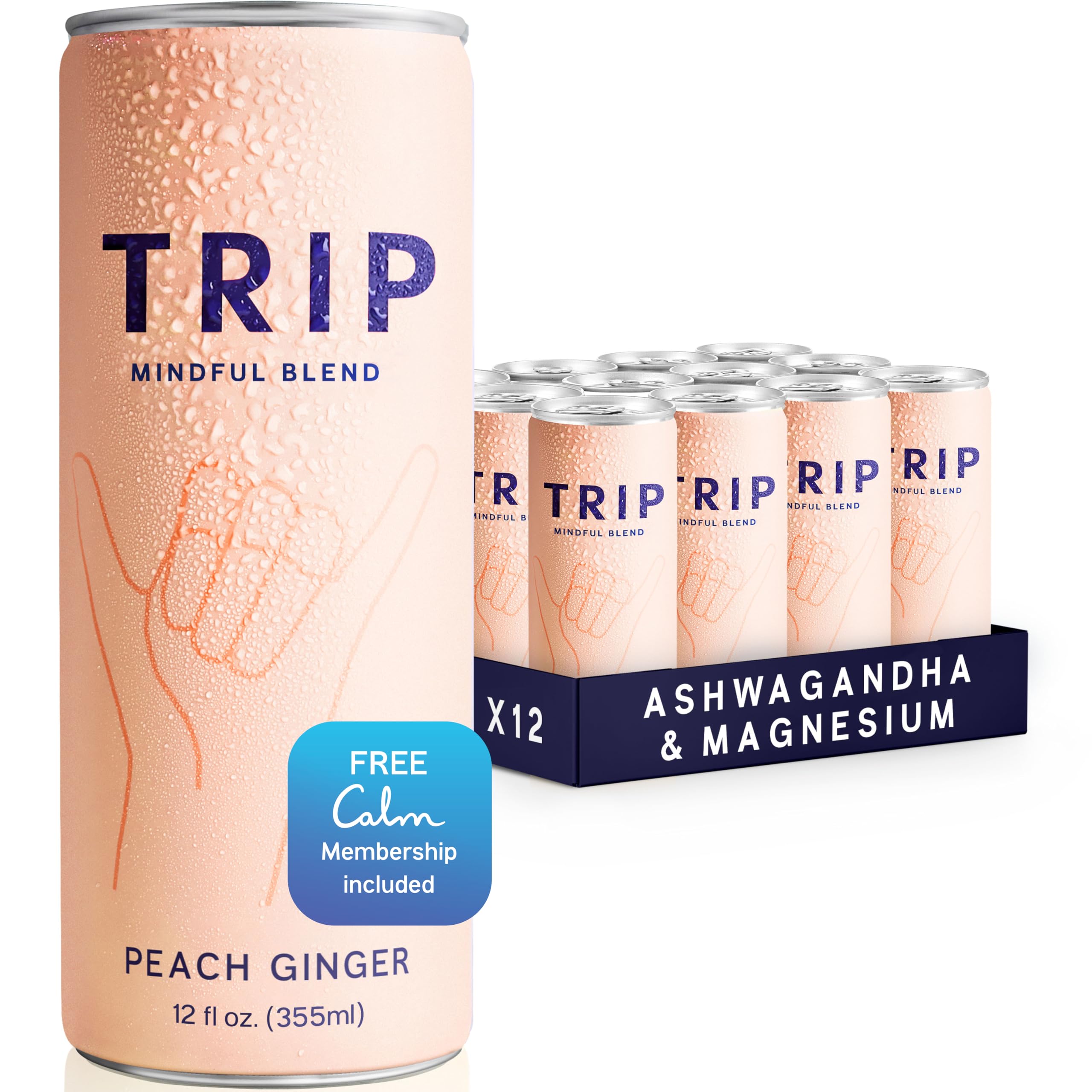 Trip Mindful Blend, Lightly Sparkling Adaptogen Seltzer, Mocktail w/ 120mg Magnesium Citrate with Ashwagandha, Lions Mane & L Theanine, No Added Sugar, Vegan, Peach Ginger, 12 Oz, 12Pk
