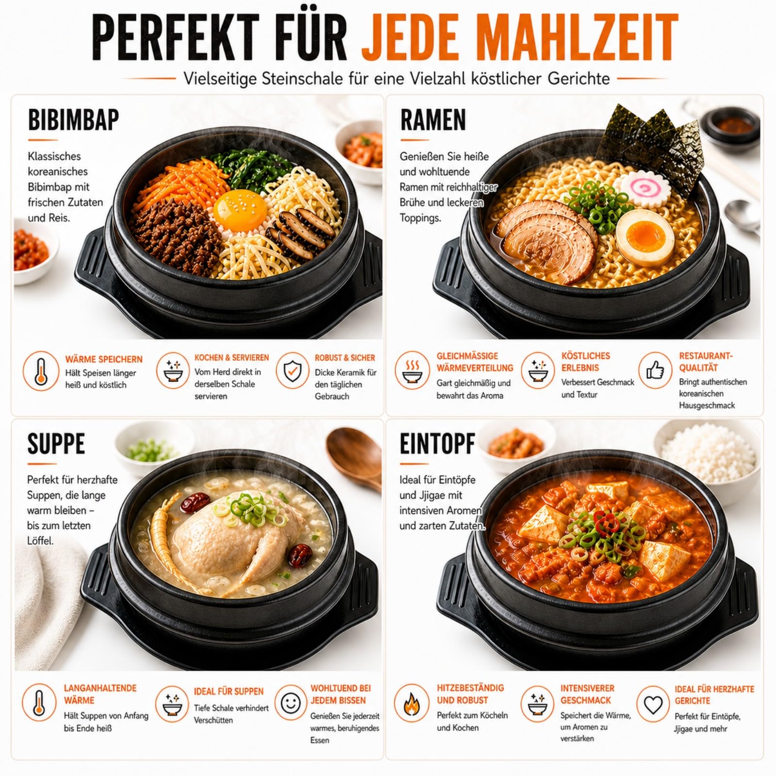 XICHENGSHIDAI Dolsot Bibimbap Steingut Schüssel, koreanischer Kochsuppe Keramiktopf, Donabe Topf für Ttukbaegi und koreanischen Eintopf mit Tablett 1500ml