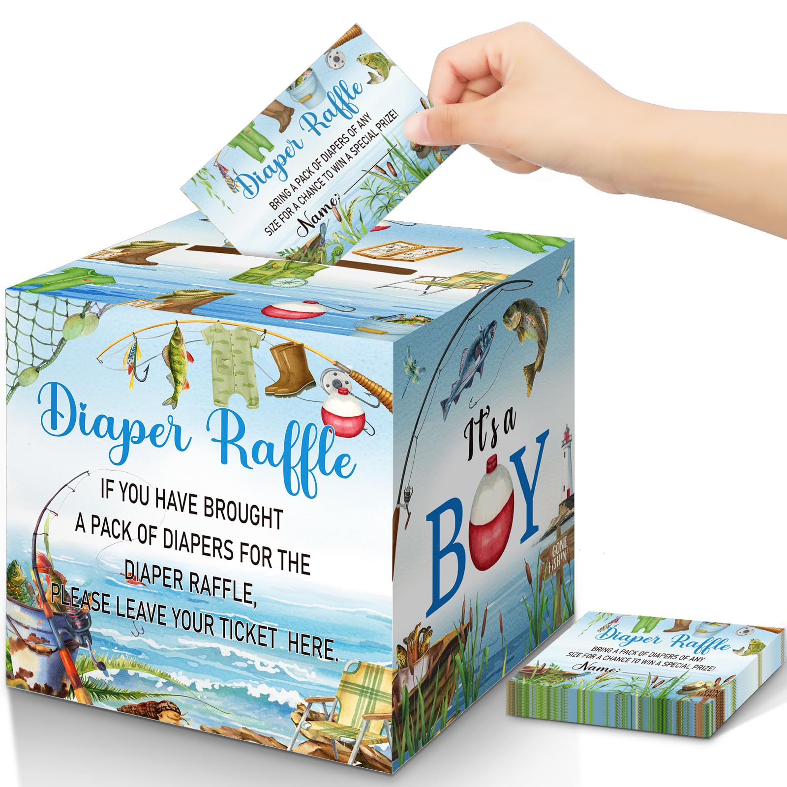 Teling 51 Pieces Diaper Raffle Tickets with Card Box,A Little Fisherman Is on the Way