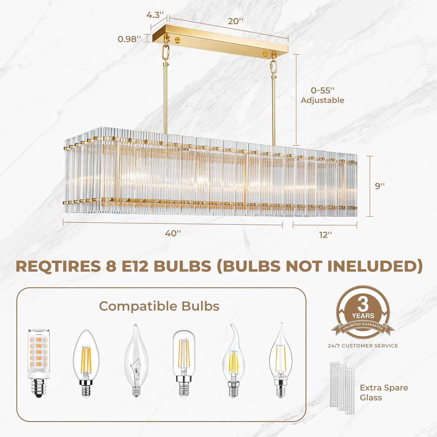 IKK Modern Rectangle Gold Chandeliers for Dining Room, 40" Ribbed Glass Island Light Fixture, Linear Farmhouse Lighting with Adjustable Height for Kitchen Island, Living Room