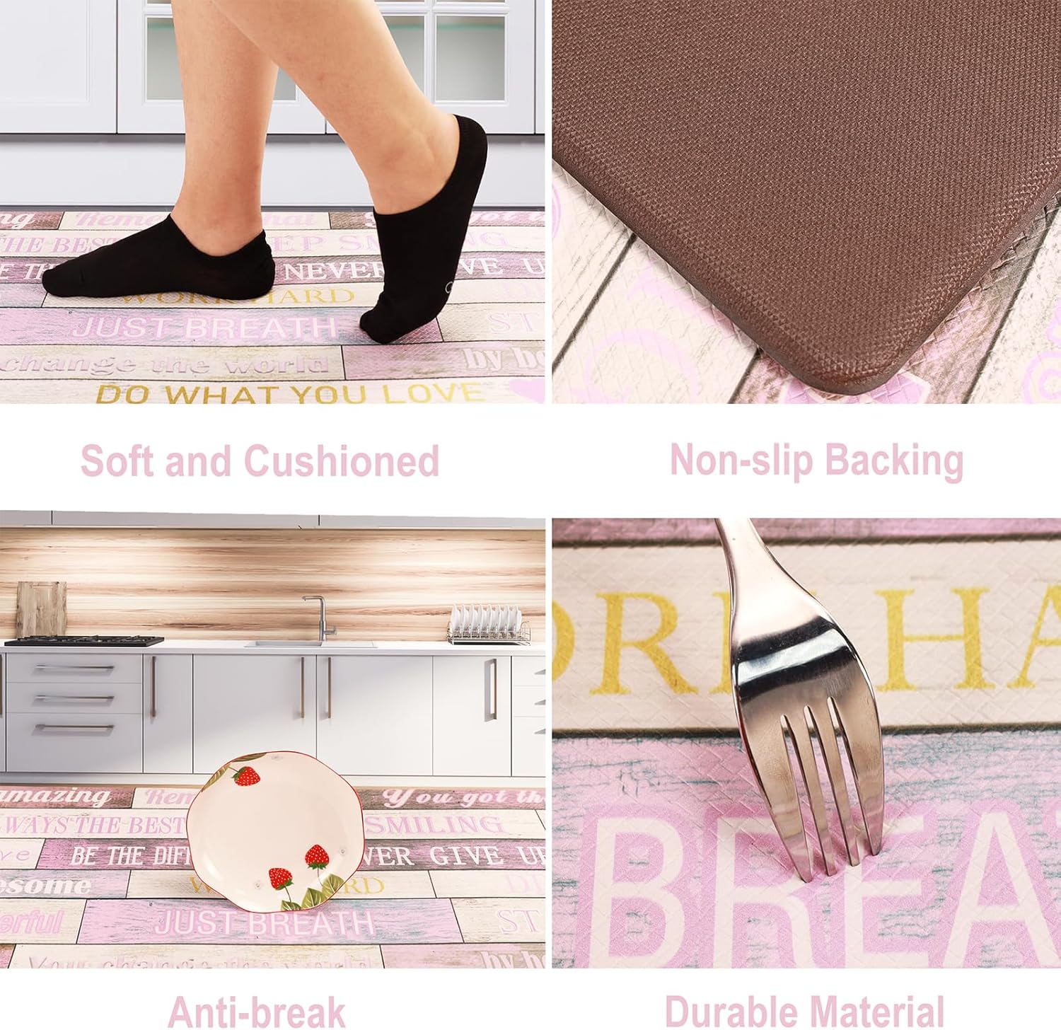 Inspirational Positive Quotes Kitchen Mats for Floor Pink Anti Fatigue Mats for Kitchen Floor Cushioned Waterproof Pink Kitchen Decor Set