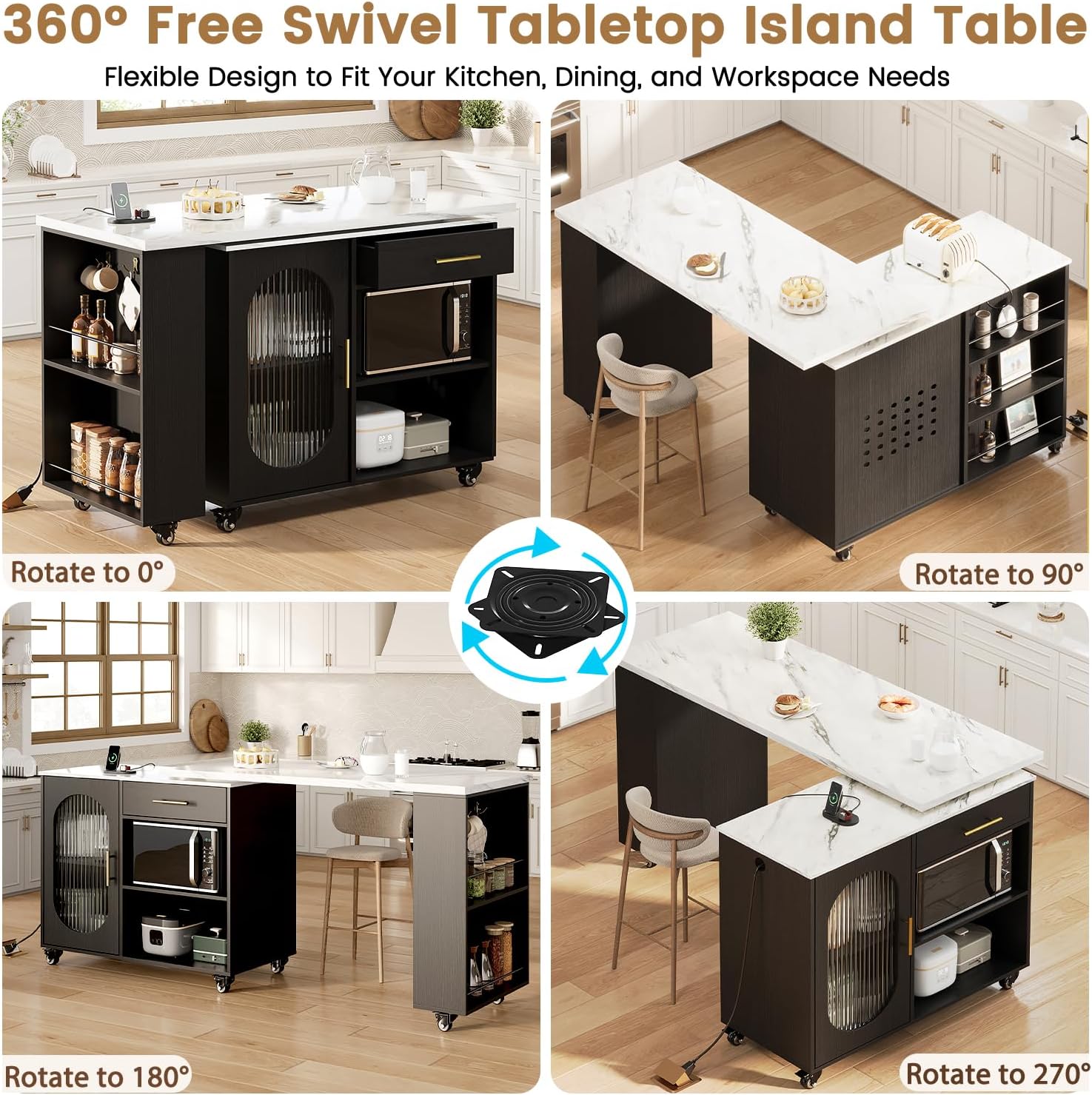 HSH Kitchen Island with 360° Swivel Table & Power Outlet, Rolling Kitchen Island Cart with Storage & Seating, Mobile Kitchen Island Table with Cabinet, Drawers & Shelves on Wheels, White Faux Marble