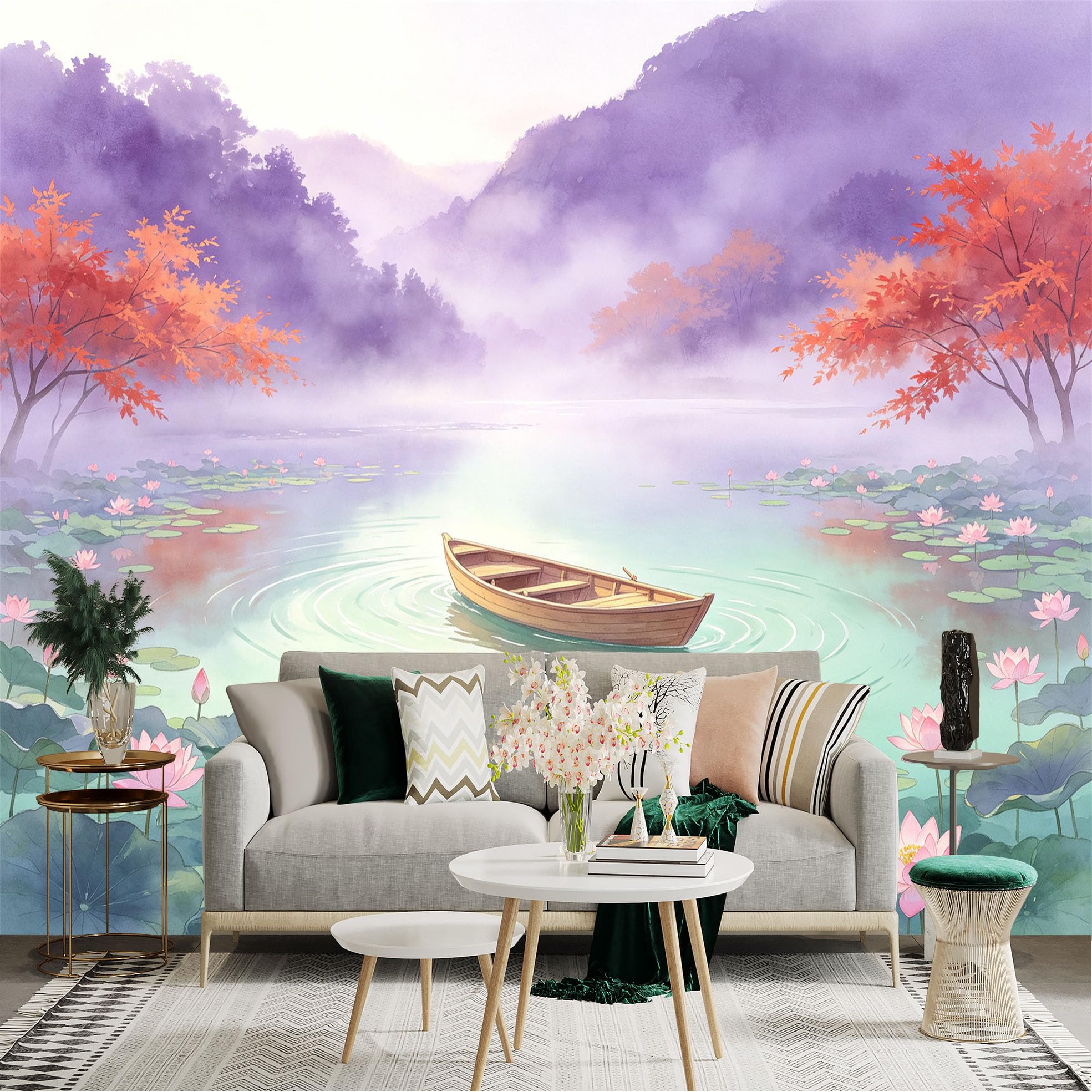 Custom Size Wall Sticker Mural， Wooden Boat on Misty Lake， Pink Lotus Flowers and Maple Trees， for wall Decoration， peelandstick wall Decals.