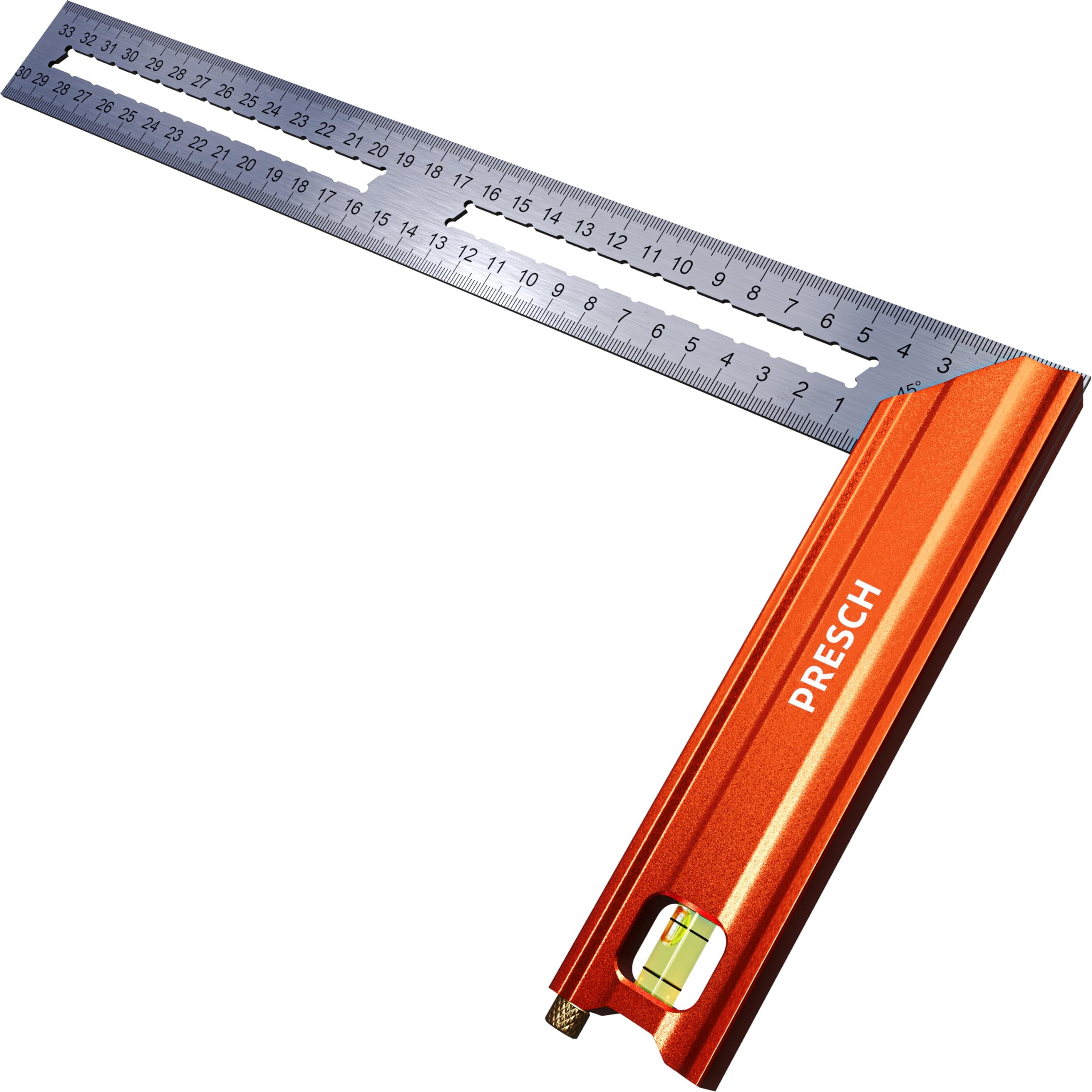 Presch 300mm Carpenter Square Hand Tool | Medium | Includes Anti-Rust Marking Gauge (30cm) - Bubble Level & Marking Tip | 90° & 45° | Carpenter Team