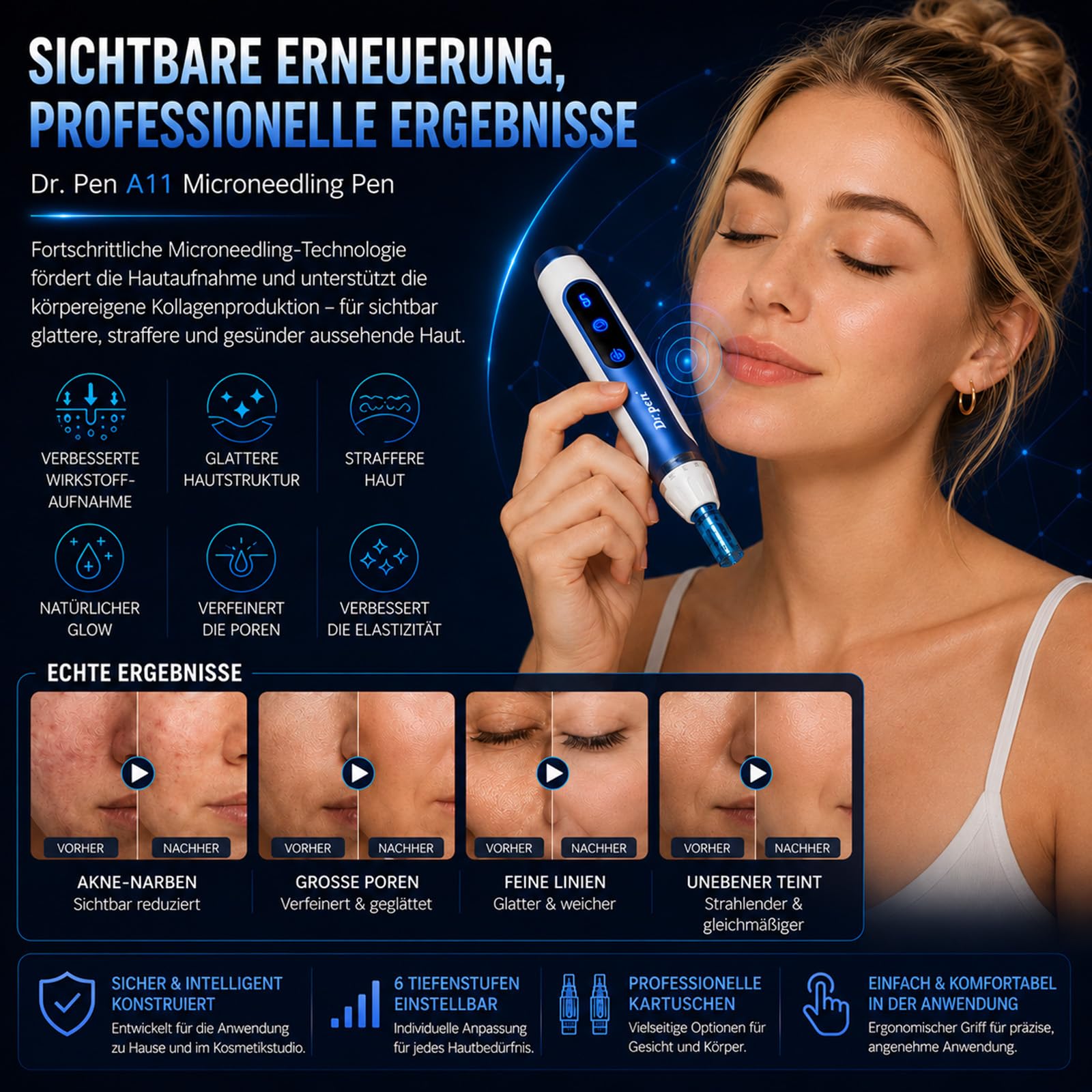 Dr. Pen A11 Kabelloser Hautpflege-Pen Set mit 28 Ersatz-Tips (12×18Pin & 10×36Pin & 6xNanoR), LED-Anzeige, Ergonomisch, Intelligente Aufladung Basis, Für Gesicht & Kosmetische Pflege, Zuhause & Studio
