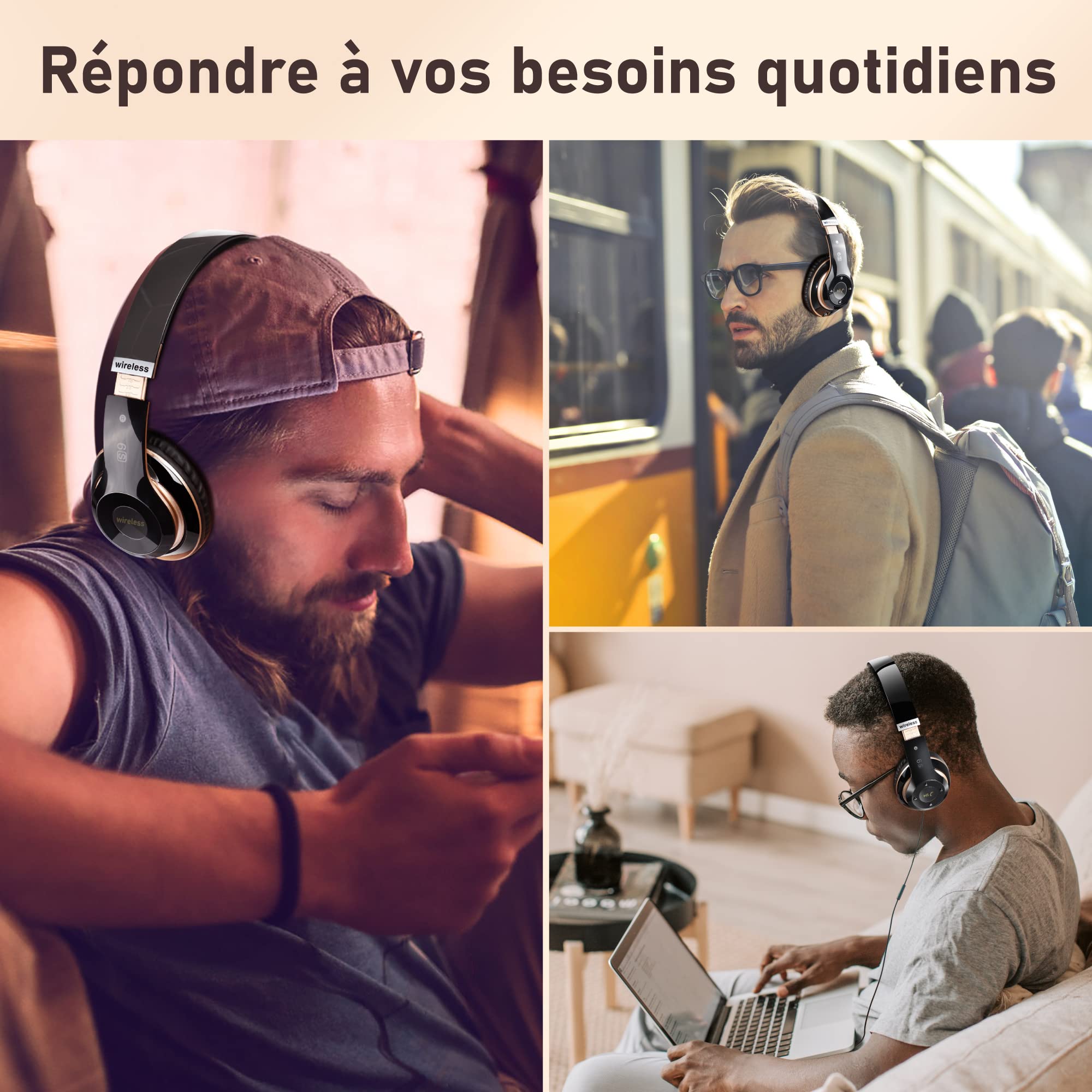 Casque Bluetooth sans Fil, Casque Bluetooth Supra-auriculaire avec 6 Modes d'égalisation, Casque sans Fil 65 Heures avec Microphone HD Intégré, FM, SD/TF pour l'extérieur, Le Transport