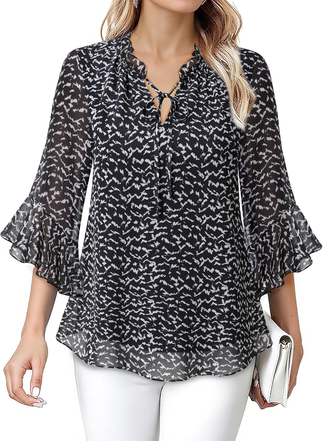 Lotusmile Women's Dressy Casual or Work Business Blouses Trendy Ruffle Neck Shirts 3/4 Sleeve Chiffon Tops - Image 4