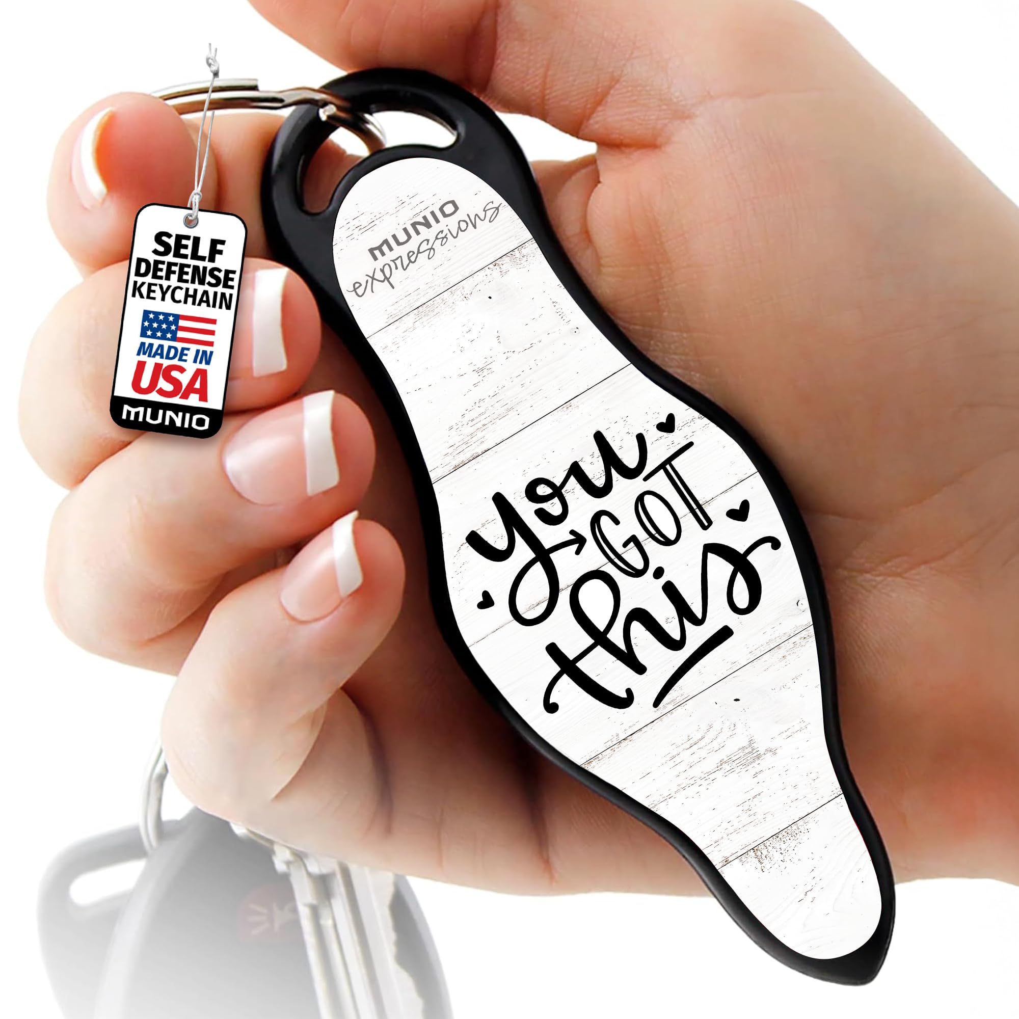MUNIO Self Defense Keychain – Lightweight, Stylish & Portable Safety Tool for Women & Men – Non-Lethal Kubotan, Easy to Use, TSA Approved – Made in USA – You Got This Design
