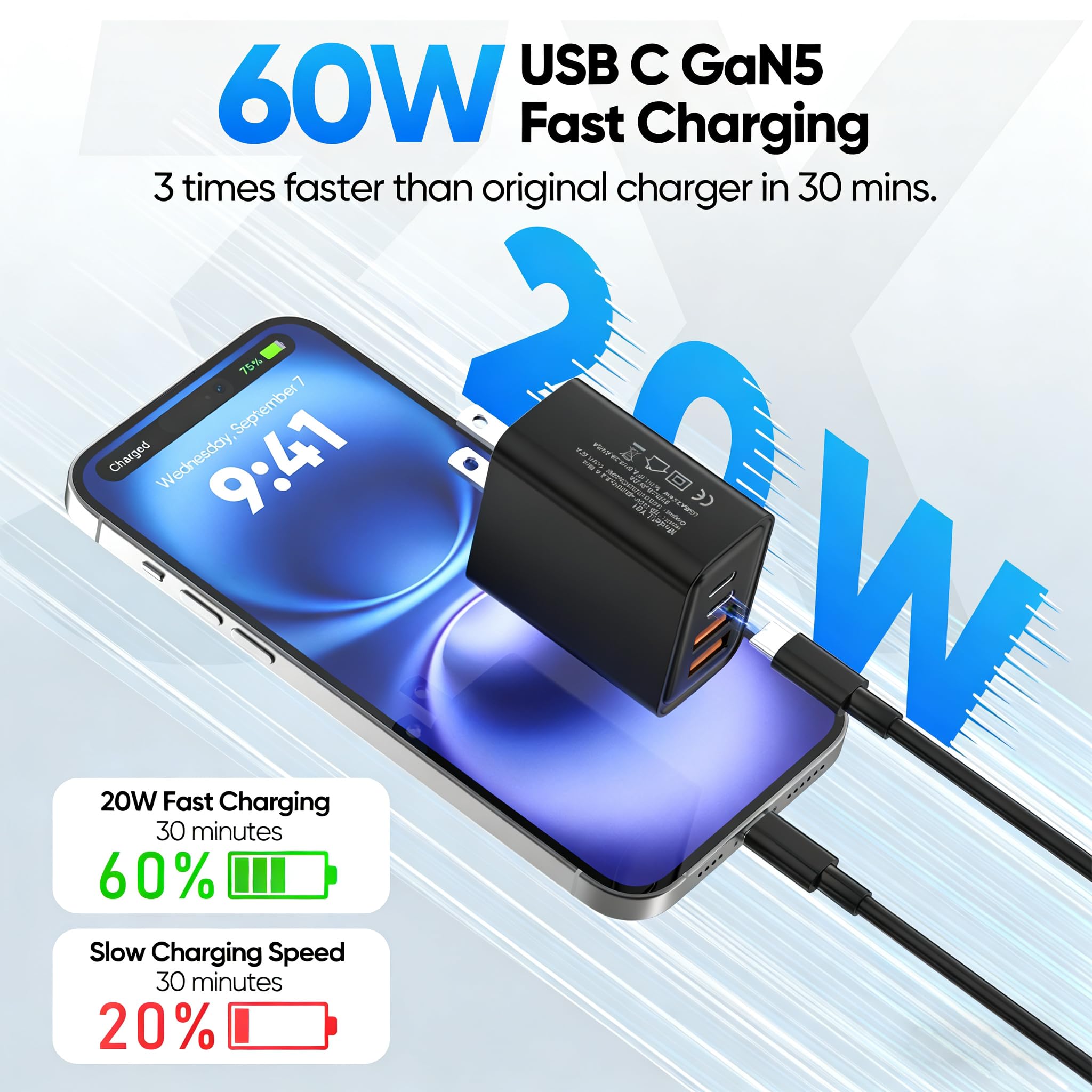 Photo 1 of 2 Pack USB C Charger Block 60W, 4-Port GaN5 Super Fast Phone Charger, Type C Charging Block PD 20W & QC 20W with 6.6FT USB C Cables for iPhone 17 Air/17/16/15 Pro Max Samsung Galaxy S24